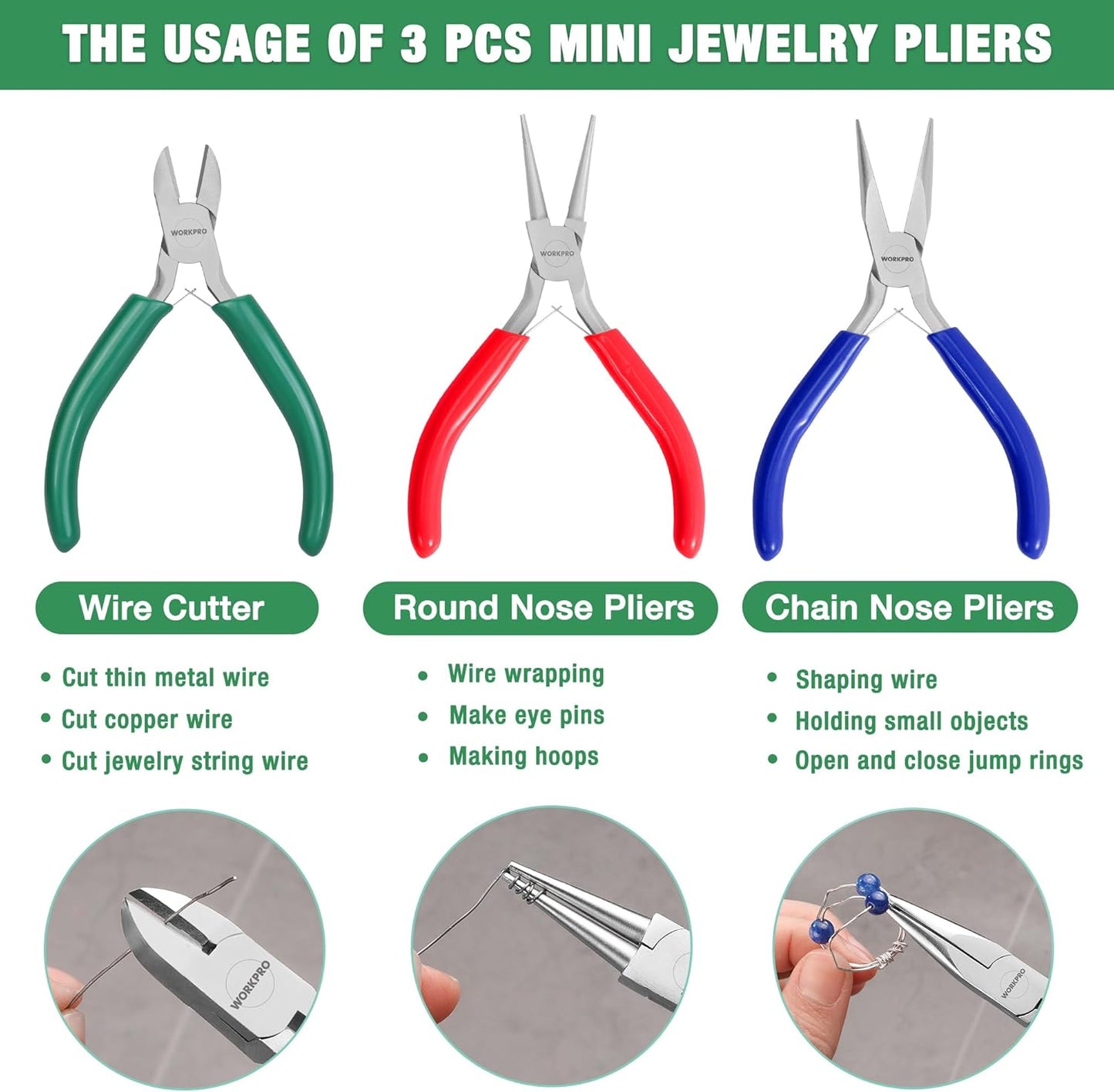 WORKPRO Jewelry Pliers Set, 3 Pack Jewelry Making Tool Kit- Needle Nose Plier/Chain Nose Plier, Round Nose Plier and Wire Cutter for Charm Bracelet, Jewelry Repair, DIY Crafts, Jewelry Making Supplies