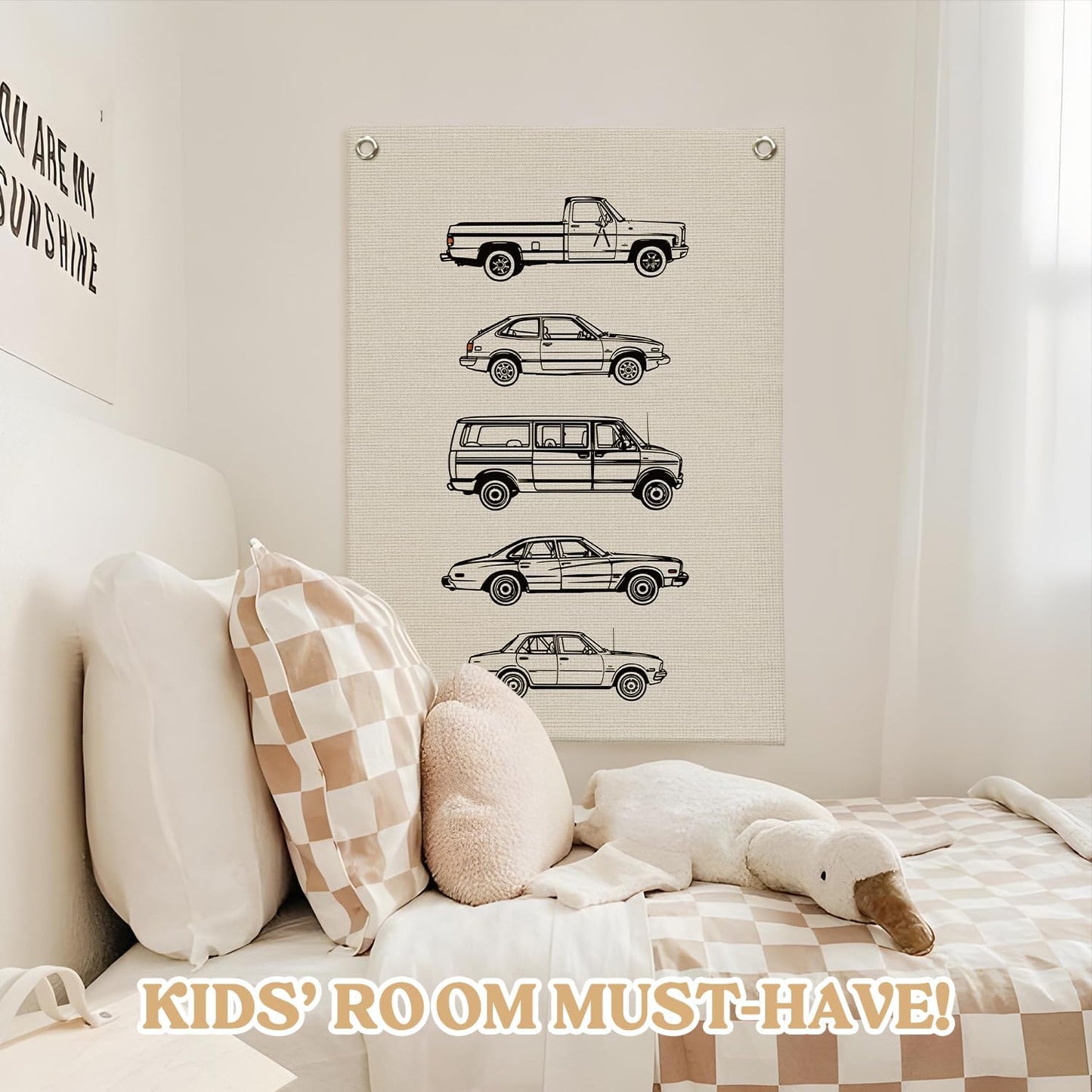 Toddler Boy Room Decor, Vintage Car Linen Canvas Banner, Retro Car Room Decor Wall Hanging Flag Banner for Little Boy Bedroom,Playroom Nursery 18x25 Inch