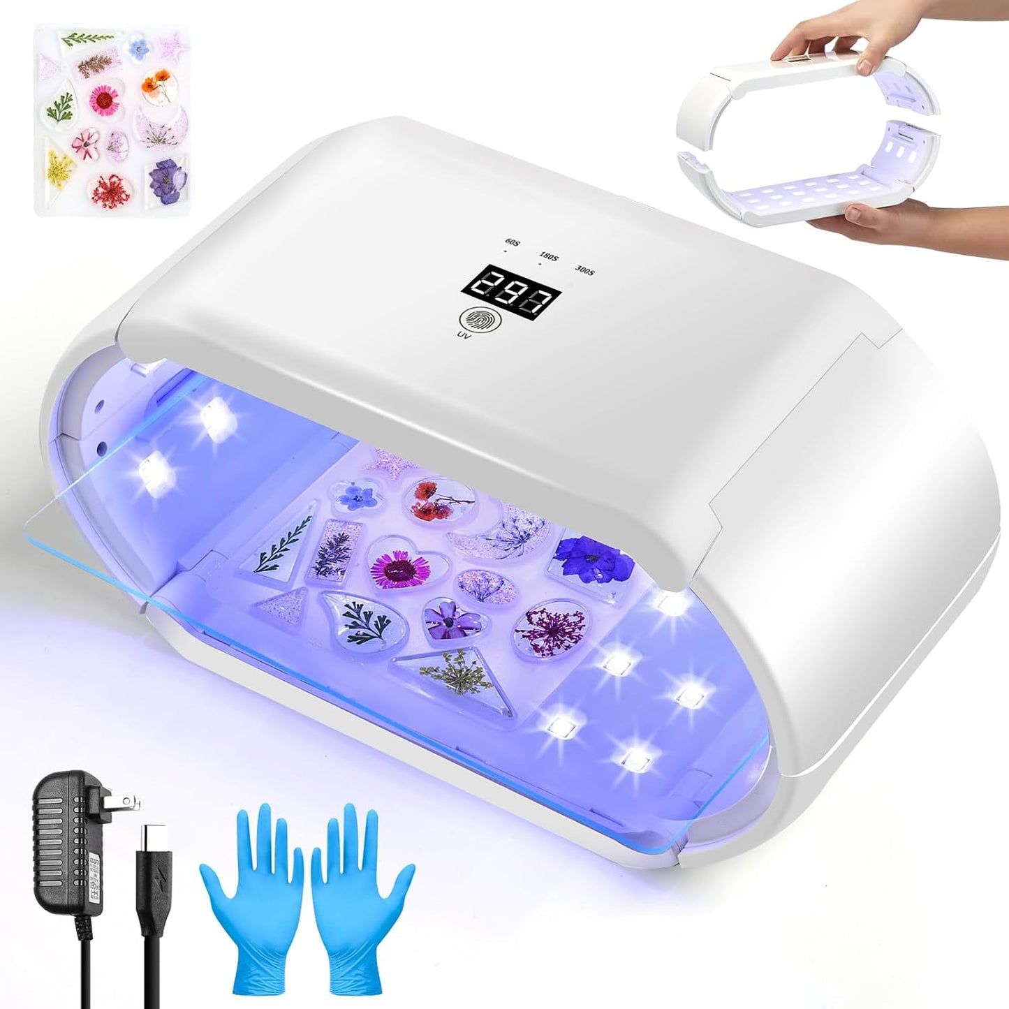 UV Light for Resin - Fast Curing UV Resin Light with Adjustable Time Setting Large Size 48W Two-Sided Portable Foldable UV Lamp with Silicone Mold Gloves