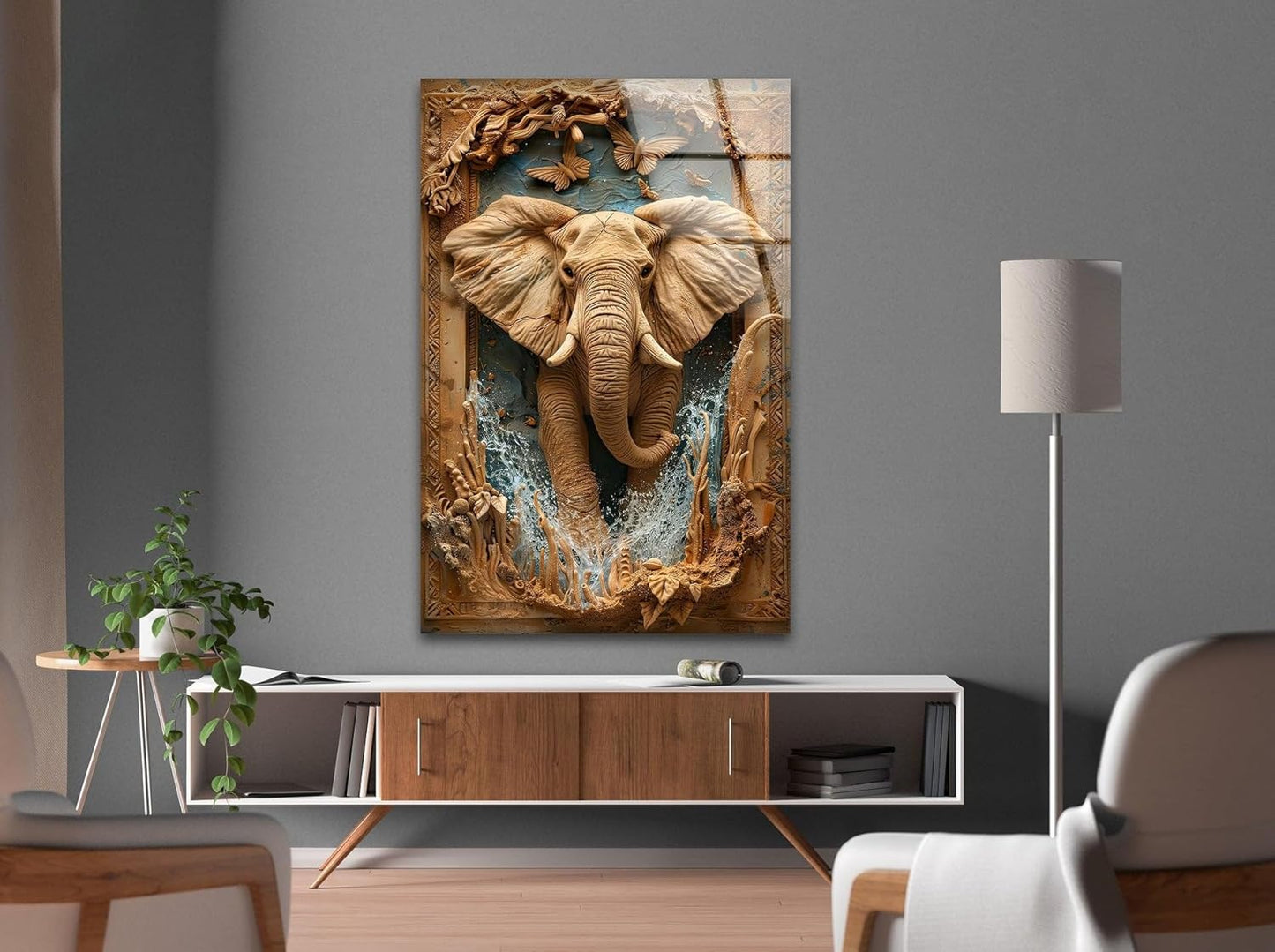 My Photostation.com 24Wx30H'' Elephant Carving Glass Wall Art Tempered Glass Printing Wall Decor Large Wall Art Wall Hangings