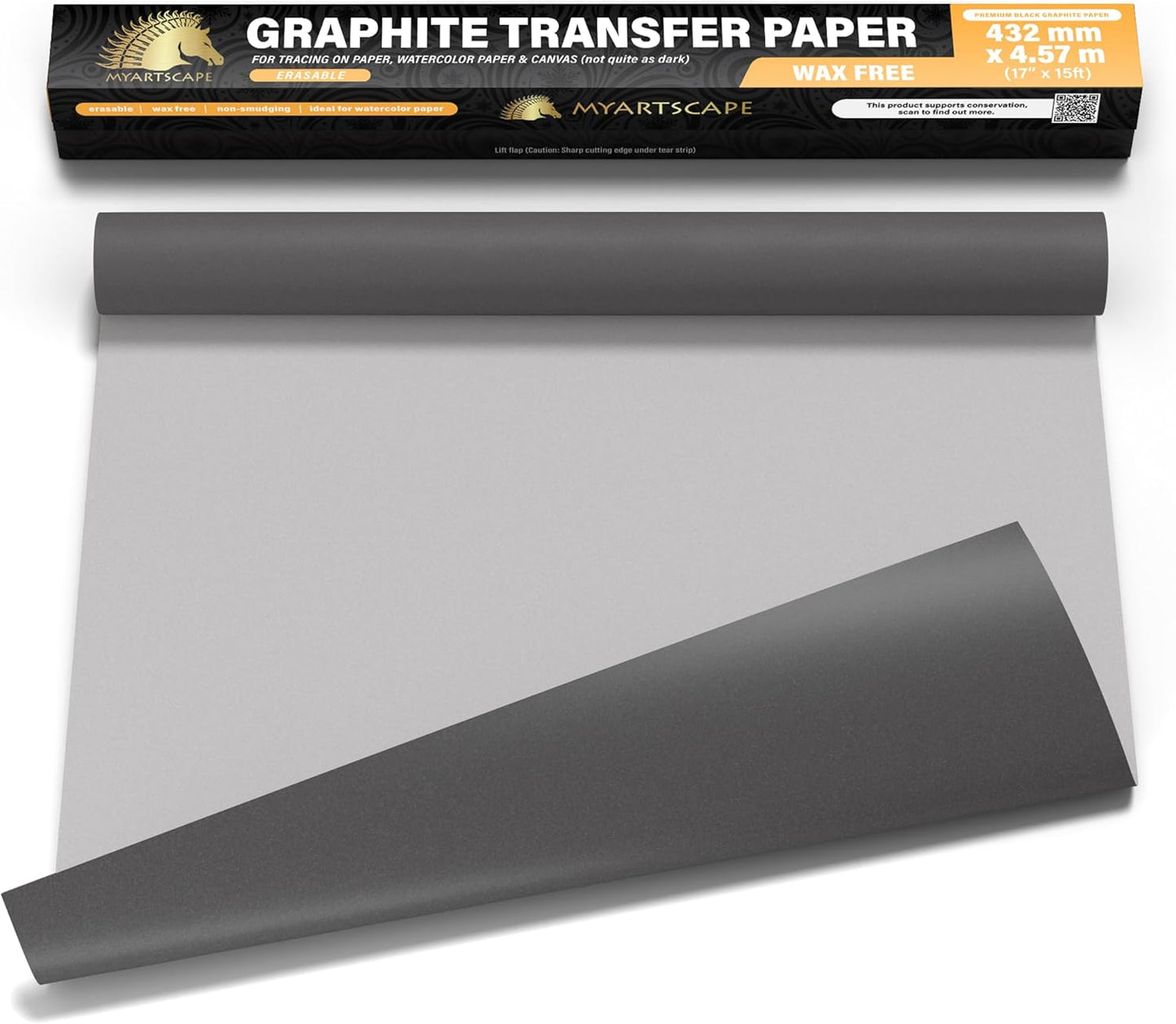 MyArtscape Graphite Transfer Paper Roll – 17" x 30ft Large Tracing Paper – Wax-Free Carbon Paper for Tracing on Canvas, Paper & Wood – Erasable Carbon Transfer Paper for Drawing & Sketching