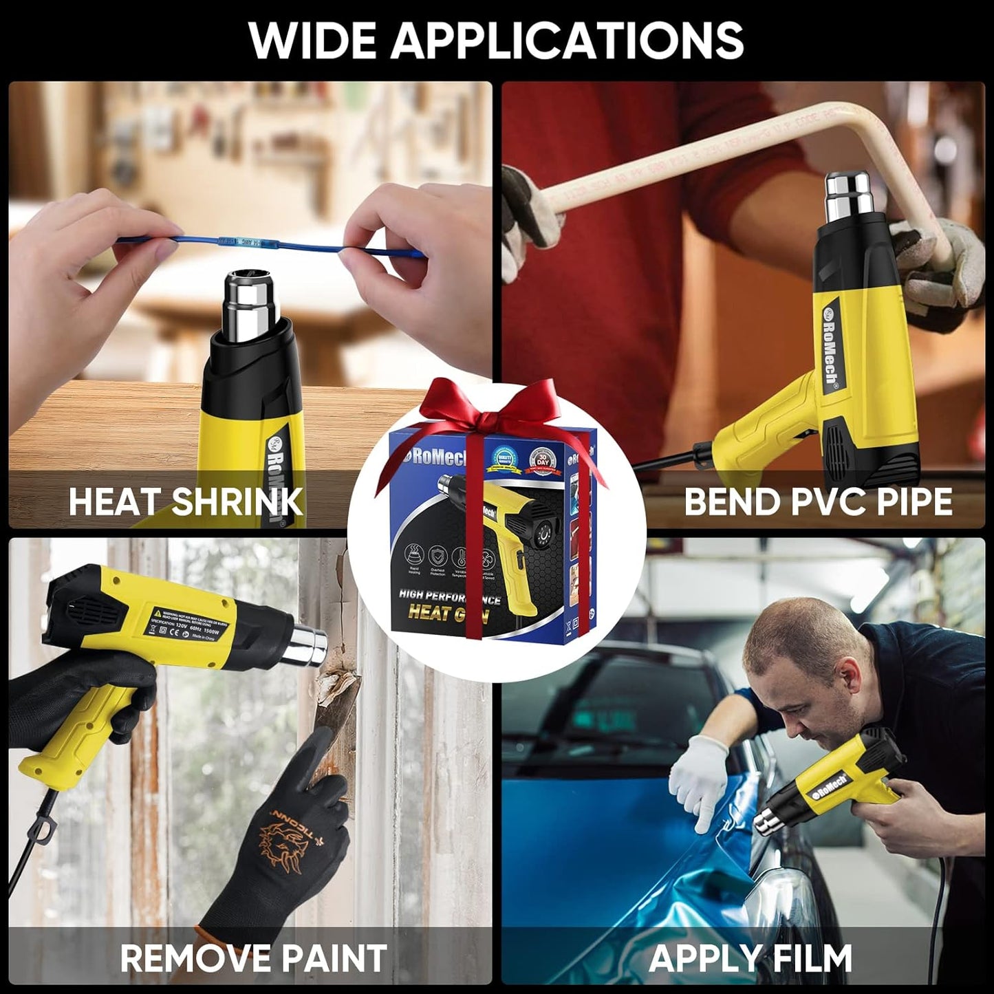 ROMECH 1500W Heavy Duty Heat Gun, Variable Temperature Control Hot Air Gun Kit with 2 Air Flow 120°F~1200°F and 4 Nozzles for Crafts Shrink Wrap (Yellow)