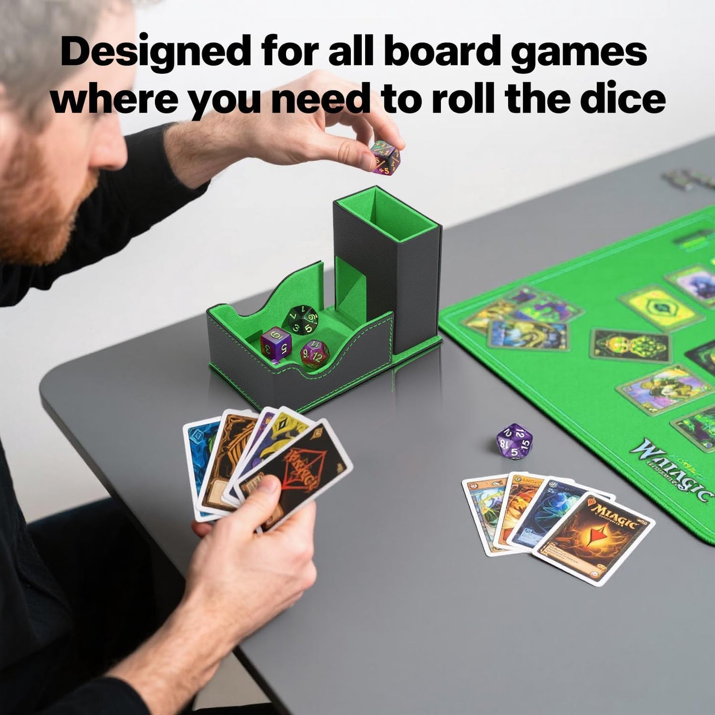 Dice Tower and Tray, Portable Commander Deck Box, Foldable Dice Storage Box for Dungeons and Dragons Rolling Tray Black/Green