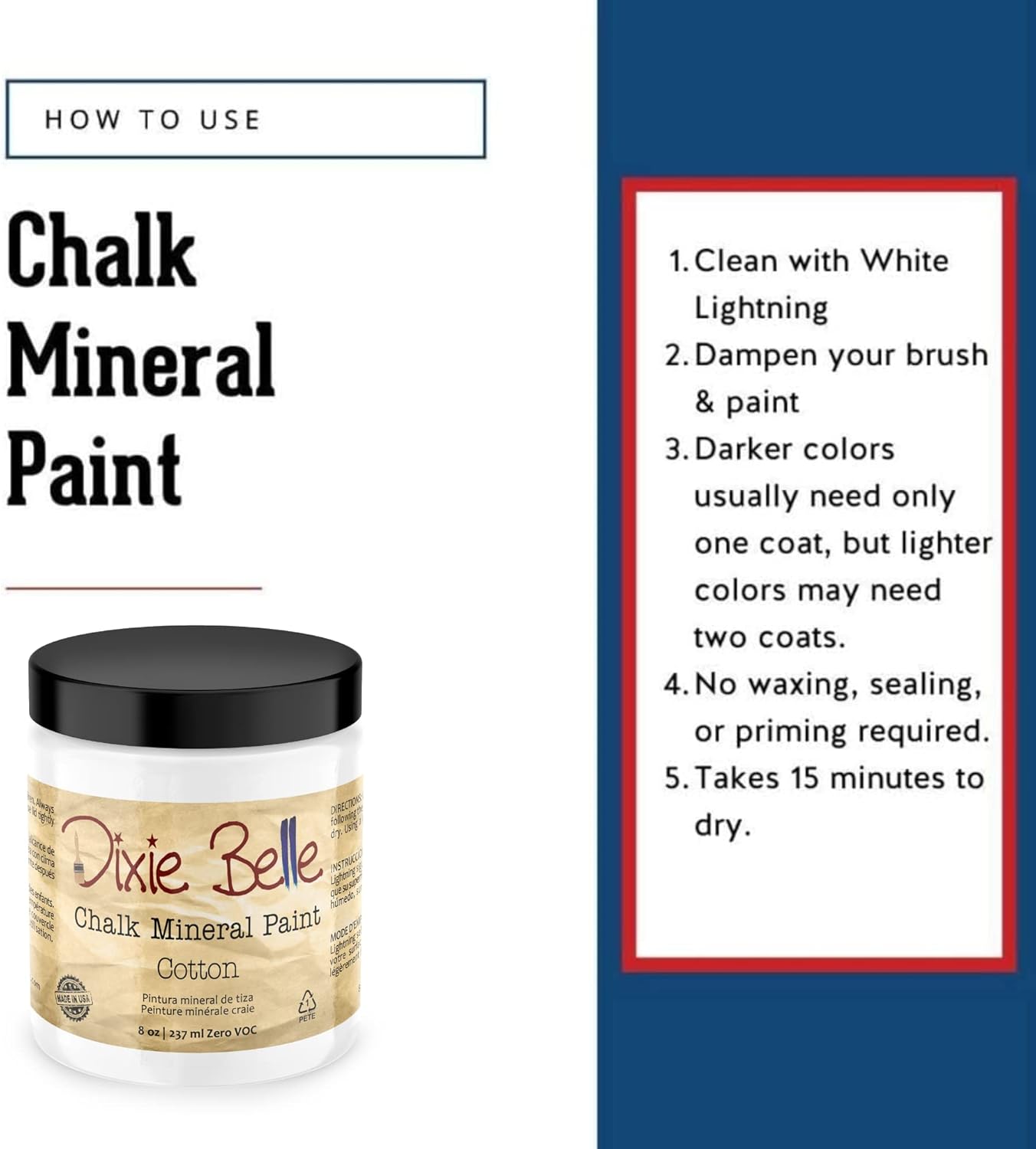 Dixie Belle Paint Company Chalk Finish Furniture Paint - Cotton (8oz) - Matte Pure White Chic Chalk Mineral DIY Furniture Paint