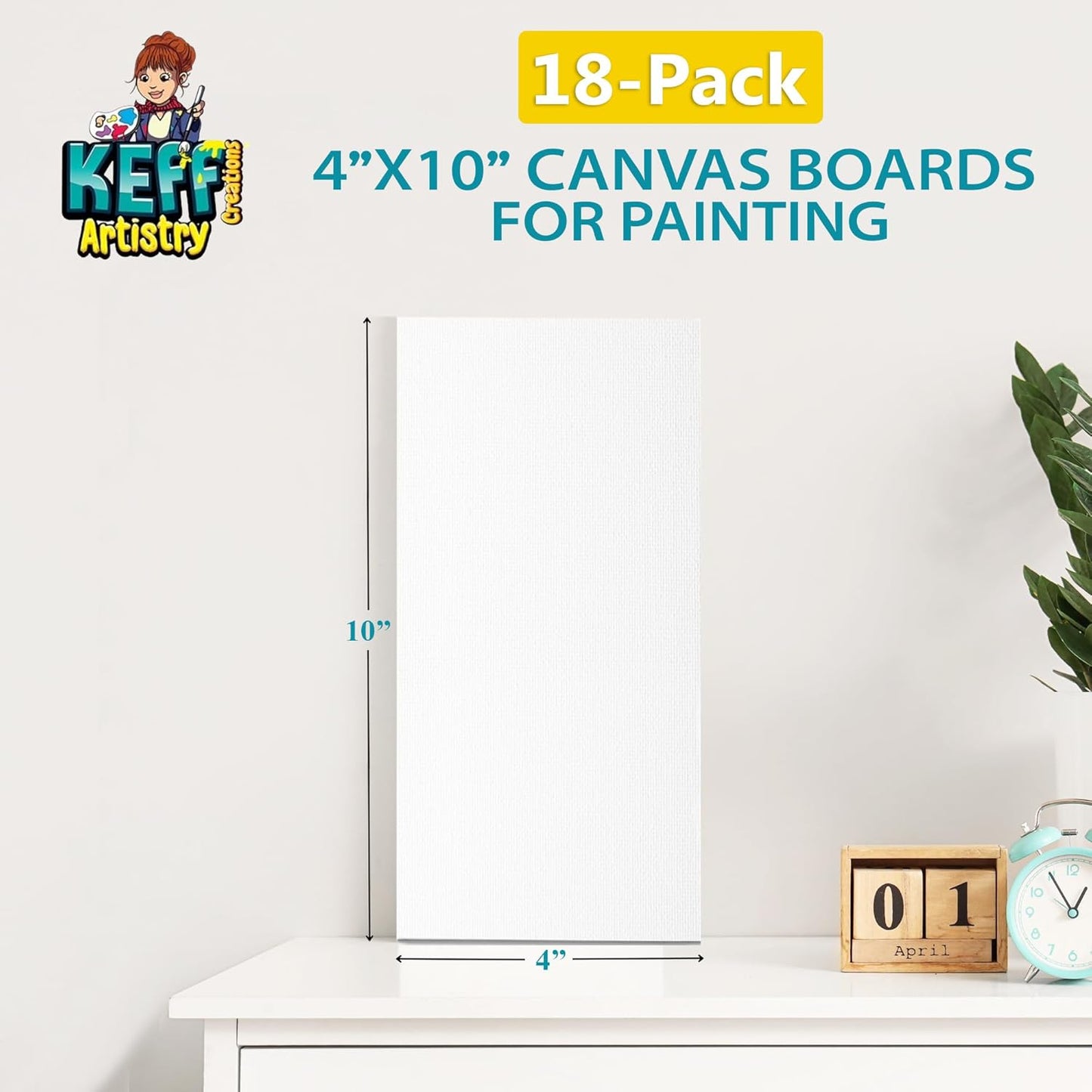 KEFF Canvas Boards for Painting - 4x10 18-Pack Bulk Canvas Panels, 100% Cotton Triple Primed Small Canvases for Painting Supplies, Acrylic, Oil, Watercolor & Tempera