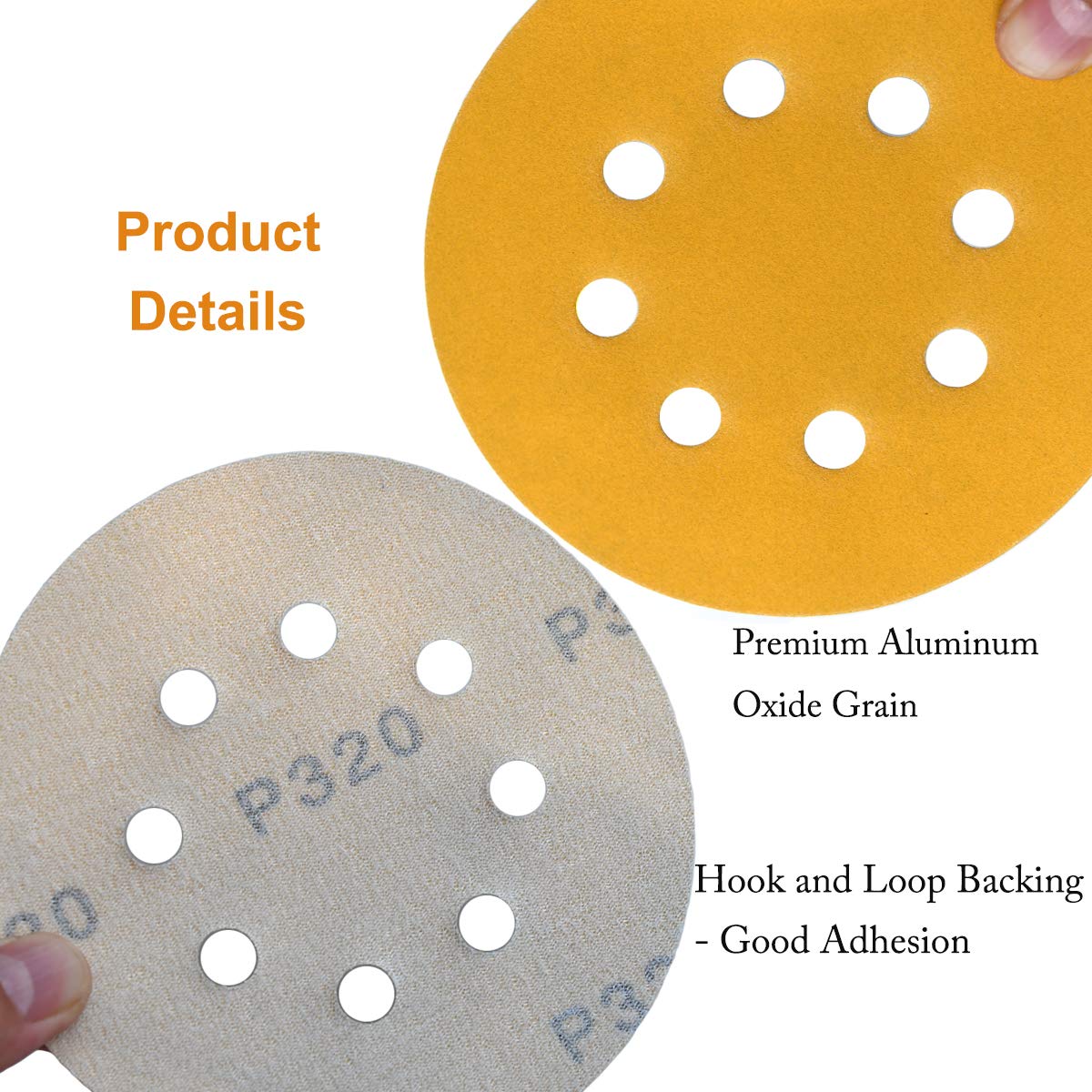 5-Inch 8-Hole Hook and Loop Sanding Discs 320-Grit Random Orbit Sandpaper, 50-Pack