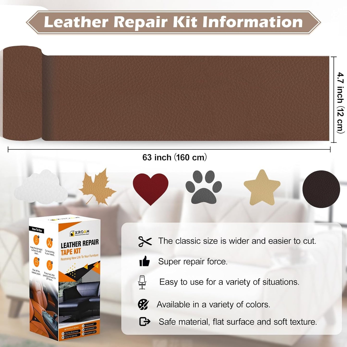 Leather Repair Tape, 4.7x63 inch Leather Patches for Furniture, Self Adhesive Leather Repair Patch for Sofas, Couches, Leather Covers, Seats, Chairs, Vinyl Repair Tape Retro Dark Beige