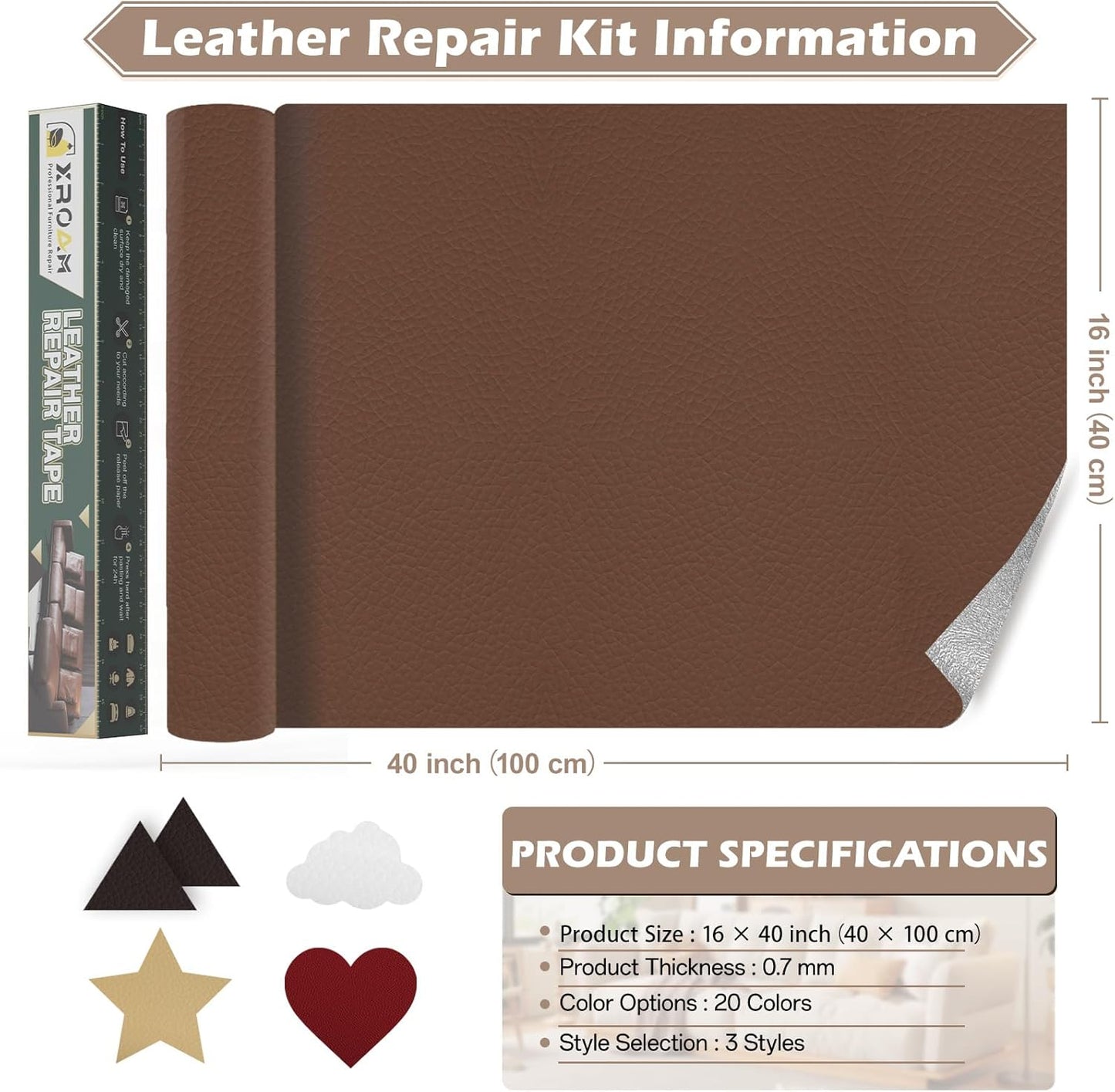 Leather Repair Tape, 16x40 inch Leather Patches for Furniture, Self Adhesive Leather Repair Patch for Sofas, Couches, Leather Covers, Seats, Chairs, Vinyl Repair Tape Light Brown