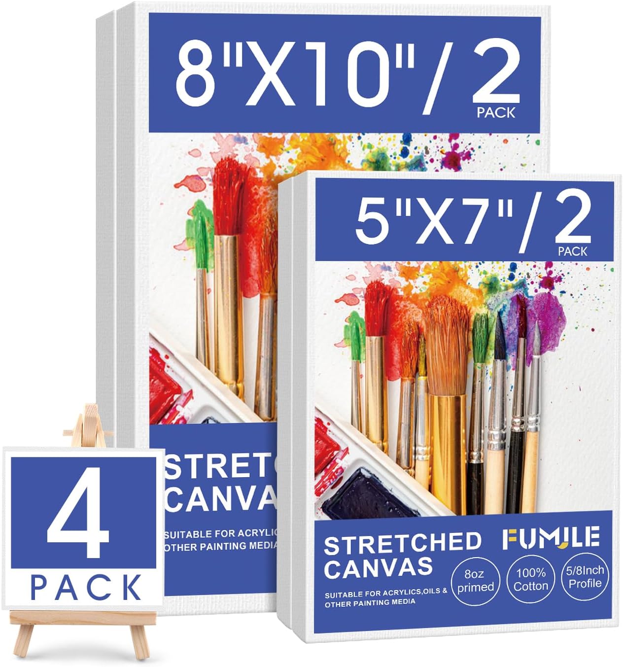 FUMILE Stretched Canvas for Painting, Canvases for Painting Multi 4 Pack 5x7,8x10 (2 of Each), Cotton Primed Acid Free Blank Canvases for Painting for Oil Paint, Acrylic Paint, Gouache and Tempera.