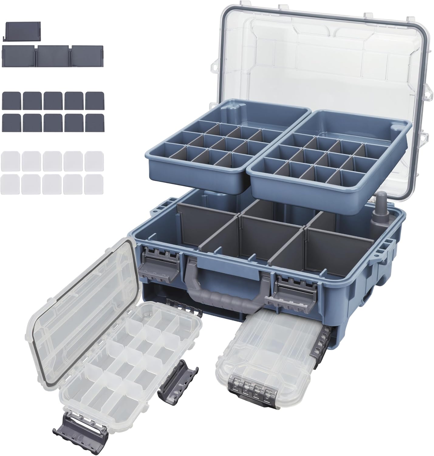 RUNCL Universal Fishing Tackle Box with Two Small Tackle Tray, Removal Inside Design Waterproof Trunk Storage Box, Thicker Floating Airtight Stowaway, Xmas Surprise Fishing Gifts for Men Women