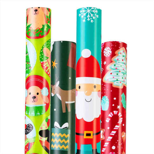 Cherubfunz Christmas Wrapping Paper (4 Rolls: 93 sq. ft. ttl) Santa Claus Carrying Gifts, Candy Cane, Reindeer, Christmas Tree/Bell, Dogs Pattern - 17 inches x 16.5 feet Per Roll