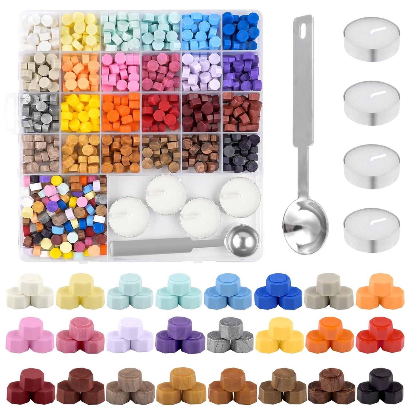 500 Pcs Dark Gold Octagon Wax Seal Beads Kit with 4 Pcs Tea Candles 1 Pc Melting Spoon for DIY Crafts Letters Wedding Wine Bottle Sealing