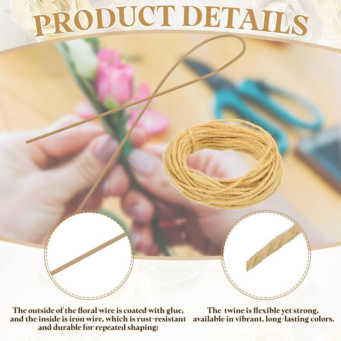 uxcell 100Pcs 2 Gauge Floral Wire, 11.81" Length Flower Stem Wires with 0.08" x 32.8ft Twine for Wreath Making, Flower Arrangement, Yellow