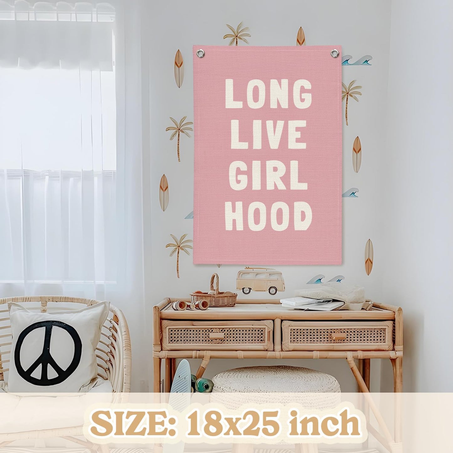 Toddler Girl Room decor,Long Live Girlhood Pink Linen Banner, Nursery Playroom Wall Hanging Flag Banner for Kids Bedroom Toddler Decorations Trendy Room Decor 18x25 Inch