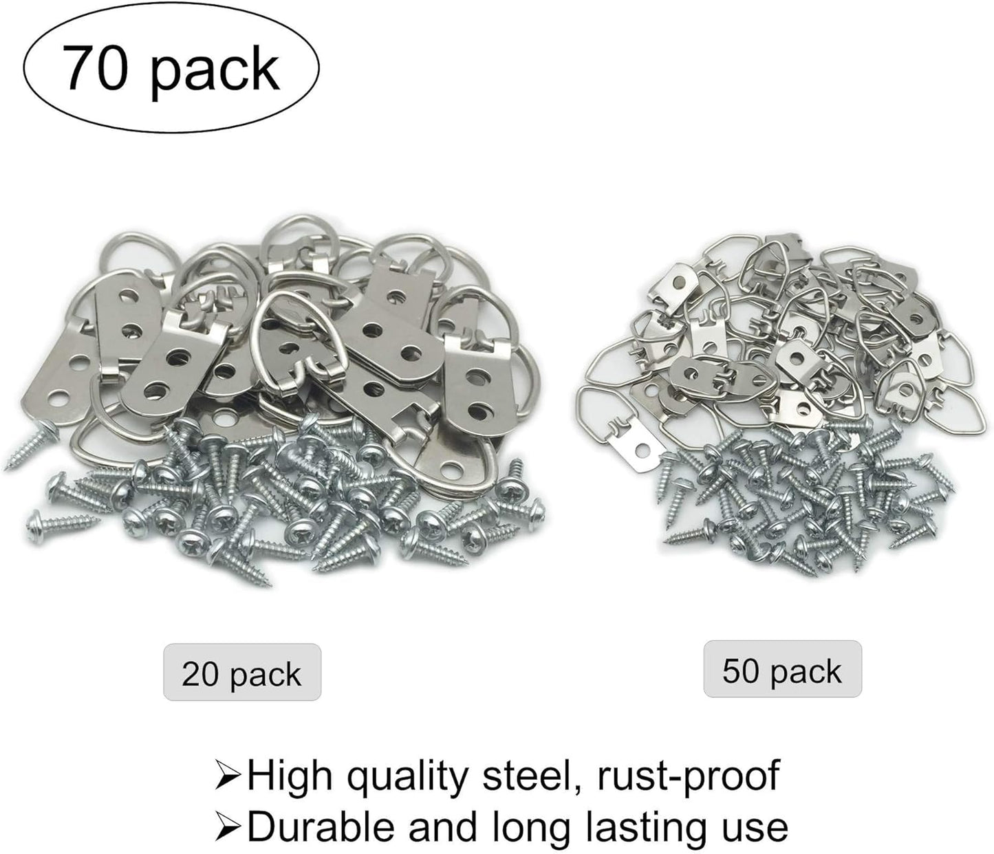 70 Pack D-Ring Steel Picture Hangers Heavy Duty with Screws Picture Frames Double Holes Clasp Picture Hang Solutions, for Hanging Clock Paintings Artwork Picture Frame Hook Photos Mirrors