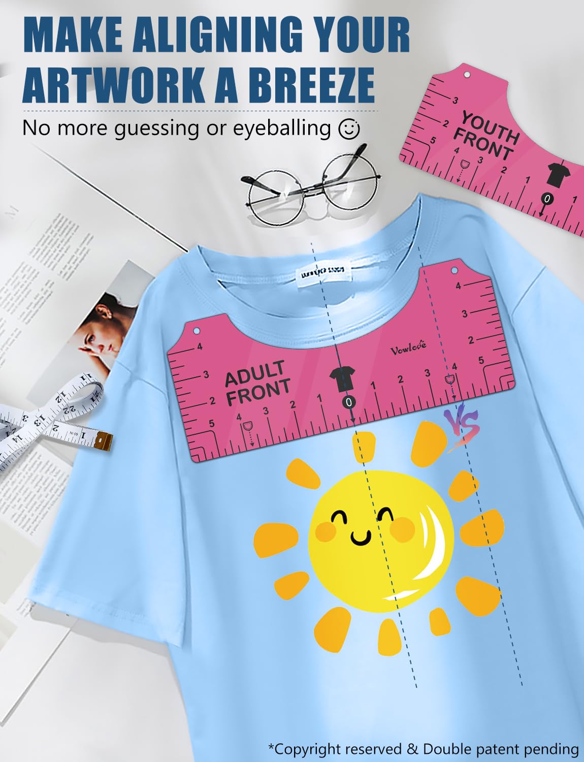 Vowlove Tshirt Ruler Guide for Vinyl Alignment: T Shirt Rulers to Center Designs, Tee Shirt Alignment Tools for Heat Press, Sewing Accessories HTV Heat Transfer Vinyl, V-Neck Front Back Measurement