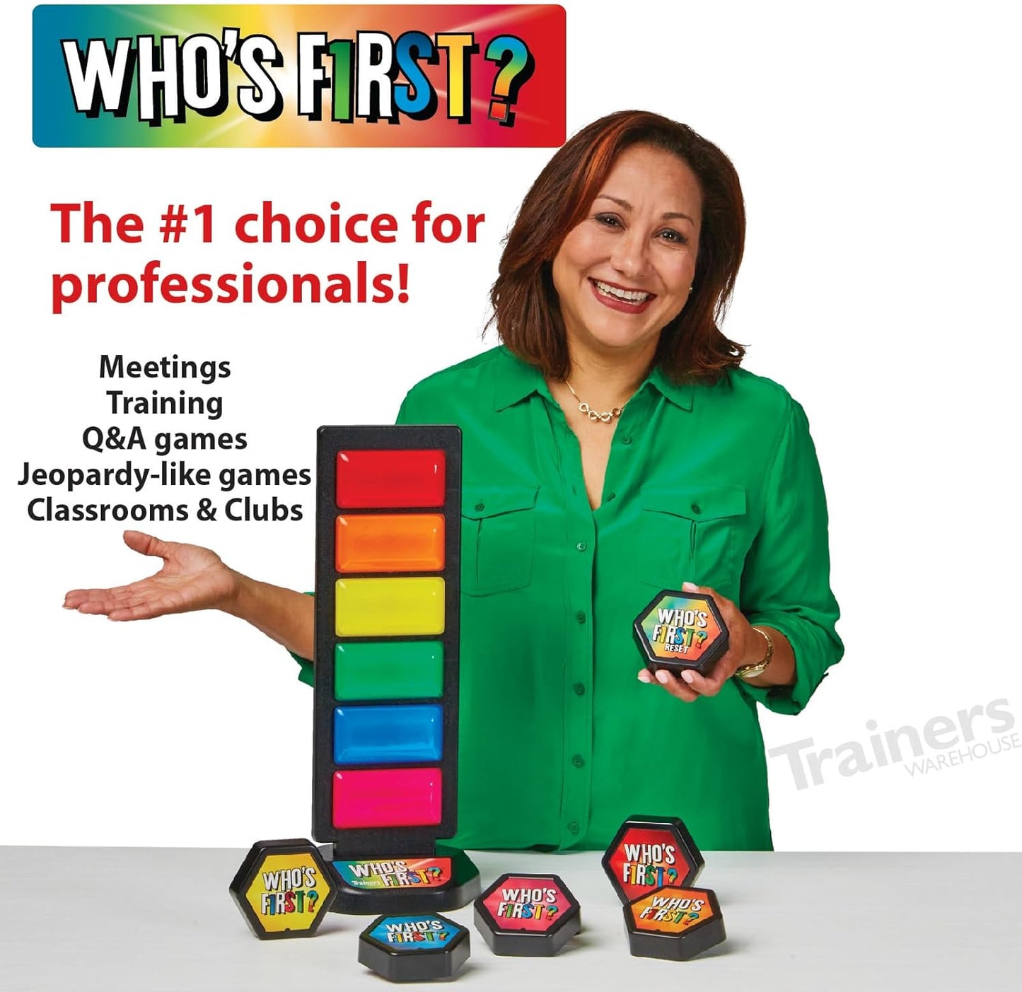 Trainers Warehouse Who's First? v3 Wireless Game 6 Buzzer System | Foster Gameshow Excitement in The Classroom - Includes Light Tower & USB Port & Randomizer | Make Trivia and quizzes Fun!