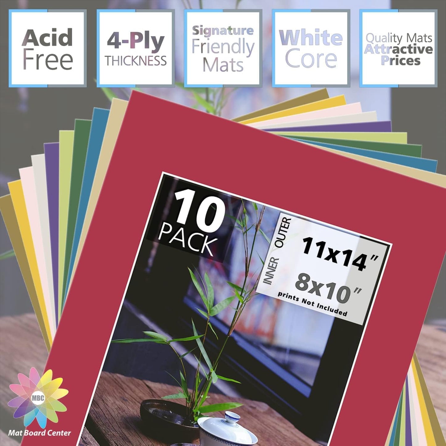 MBC Mat Board Center, Acid Free Pack of 10 11x14 Mixed Colors White Core Picture Mats for 8x10 Photos
