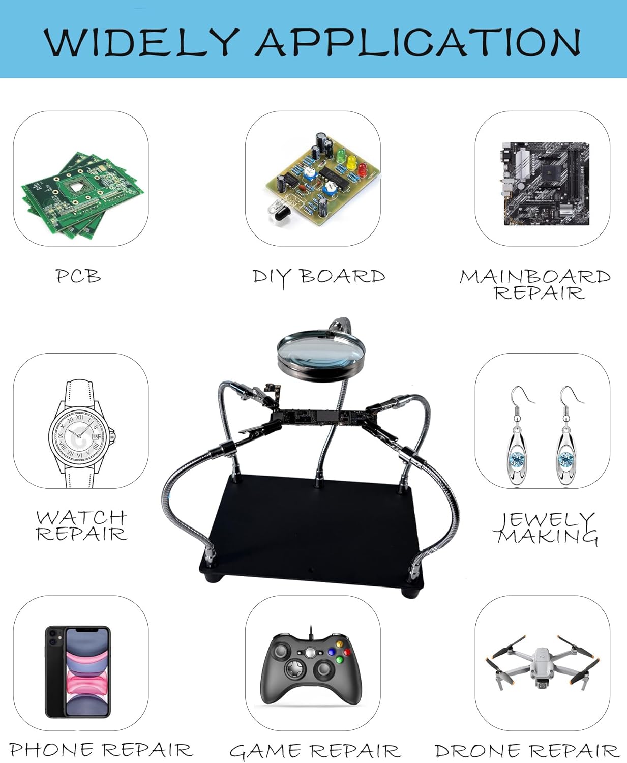 Kaisiking Helping Hands Soldering Station with Magnifying Glass, PCB Holder 4 Flexible Arms Magnifier and Third Hand Soldering Tool for Electronic Repair Soldering Jewelry Crafts
