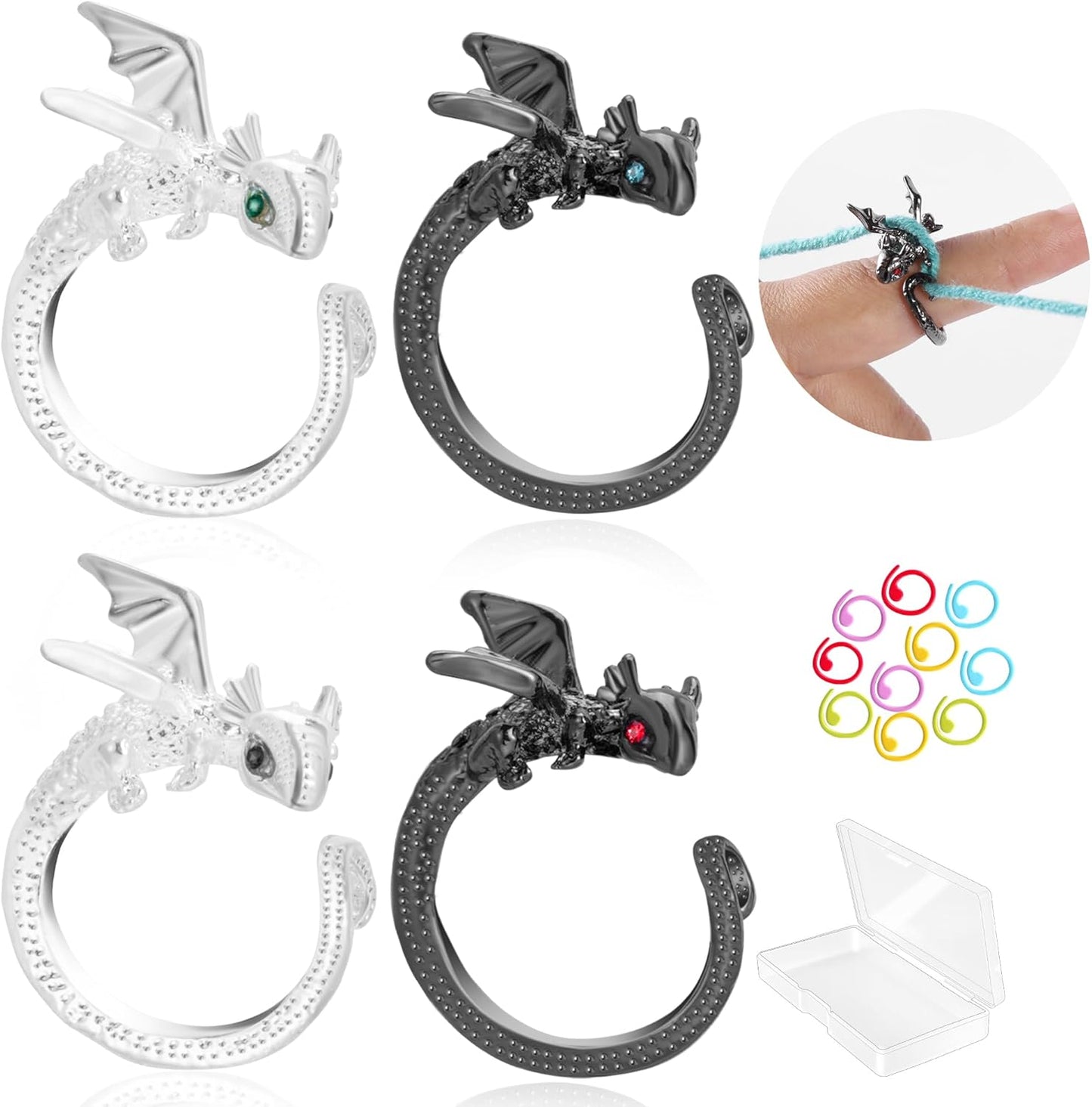 Wurosi 4PCS Crochet Rings, Dragon Tension Rings for Crocheting, Adjustable Crochet Tension Ring for Finger, Yarn Guide Rings for Crocheters Knitters Mom Grandma Gifts