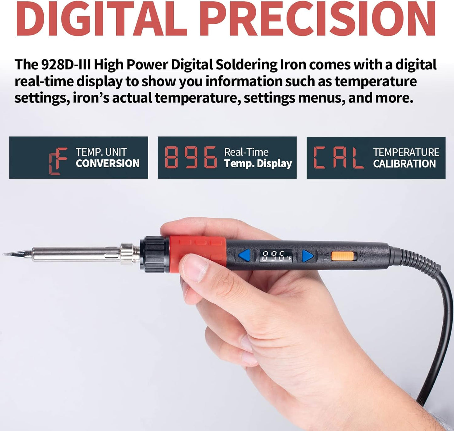 YIHUA 928D-III Soldering Iron,110W High Power, Fully Digital Display °F /°C- Temperature Control Soldering Tool, Accurate 194~896°F, with ON/OFF Switch, Iron Tip, Brass Wool, Automatic Sleep Mode