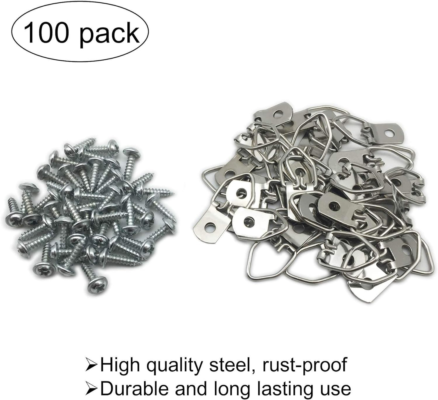 100 Pack Small D-Ring Steel Picture Hangers with Screws Picture Frames Picture Hang Solutions, for Hanging Clock Paintings Artwork Picture Frame Hook Photos