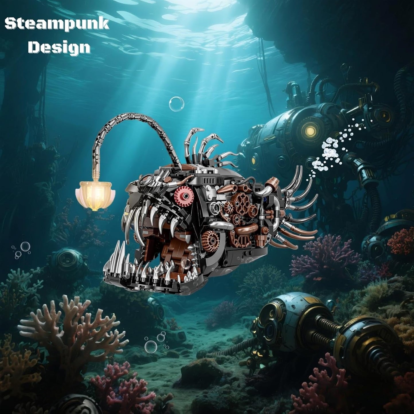 Mechanical Angler Fish Building Block Set - STEM Toys for Boys & Girls 8-14+, Deep Sea Ocean Creature Kit, Home/Office Decor with Light, Great Gift for Kids & Adults(1038+Pieces)