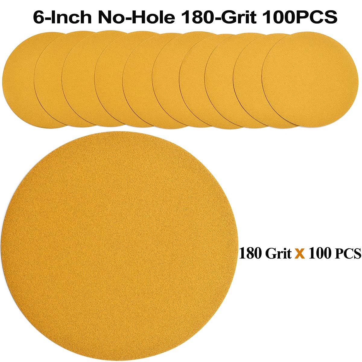 6-Inch No-Hole Hook and Loop Sanding Discs 180-Grit, Random Orbital Sandpaper for Automotive and Woodworking, 100-Pack