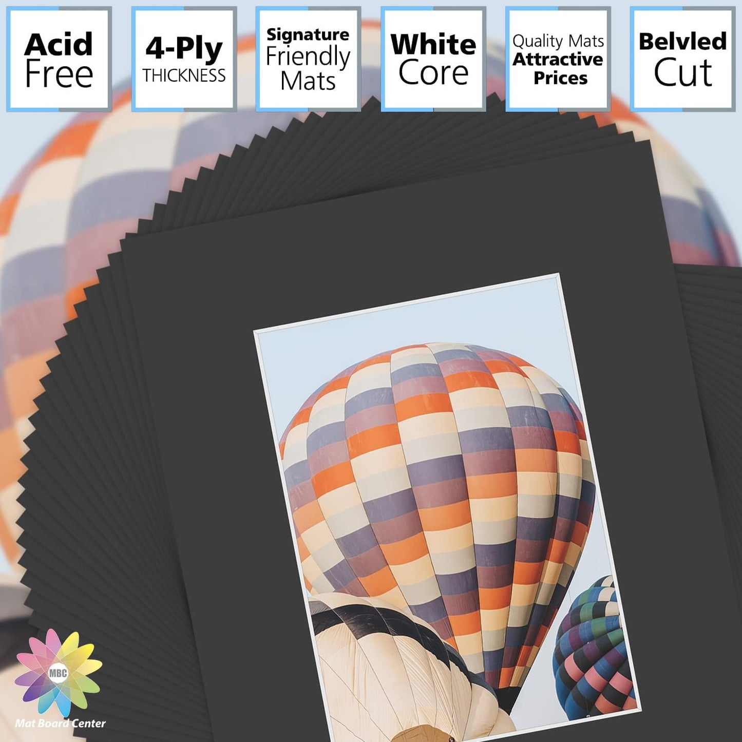 Mat Board Center, Pack of 50, 8x10 for 5x7 Black Picture Mat Sets - Acid Free, 4-ply Thickness, Bevel Pre-Cut White Core - Includes Backing Boards and Clear Bags - for Pictures, Photos, Framing