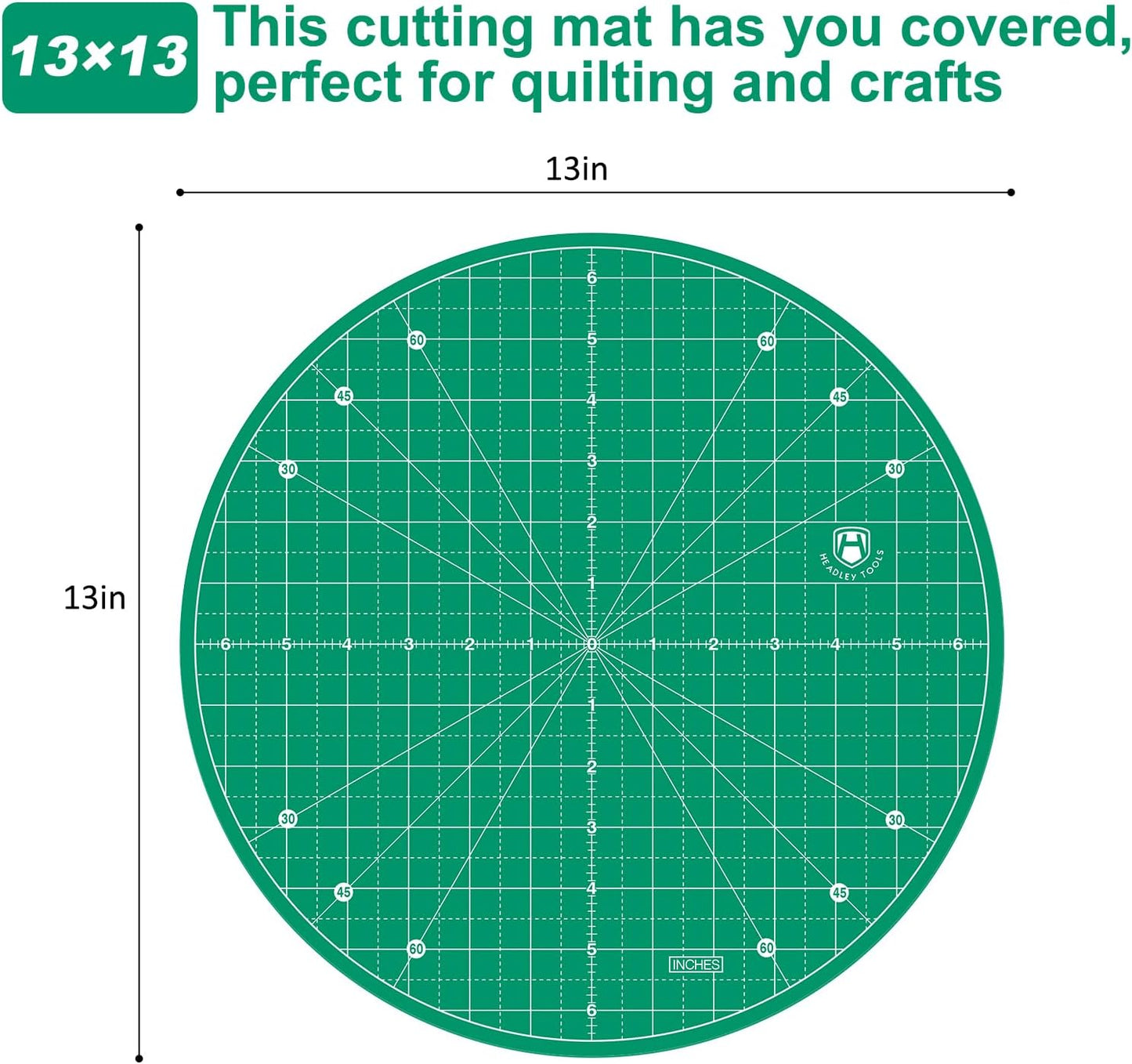Headley Tools 13"x13" Round Rotating Cutting Mat, Self Healing Mat with 360-Degree Rotation & Anti-Slip Base, Sewing Board Cutting Mat Perfect for Fabric Quilting Leather Hobby Project, Green