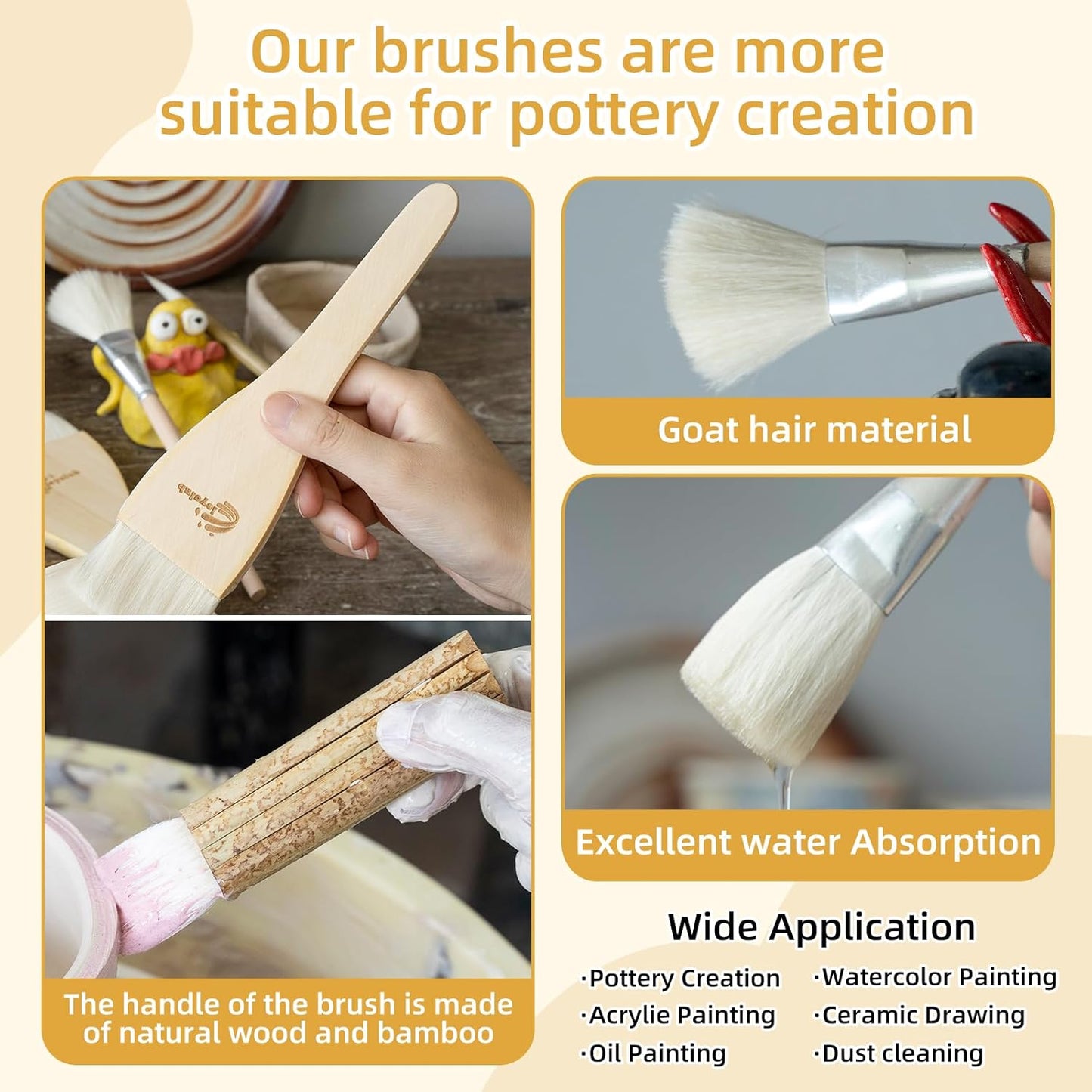 Pottery Glaze Brushes,10 PCS Painting Ceramic Brush Set, Different Shape Wool Soft Bristle for Ceramic Pottery Glazing Creation