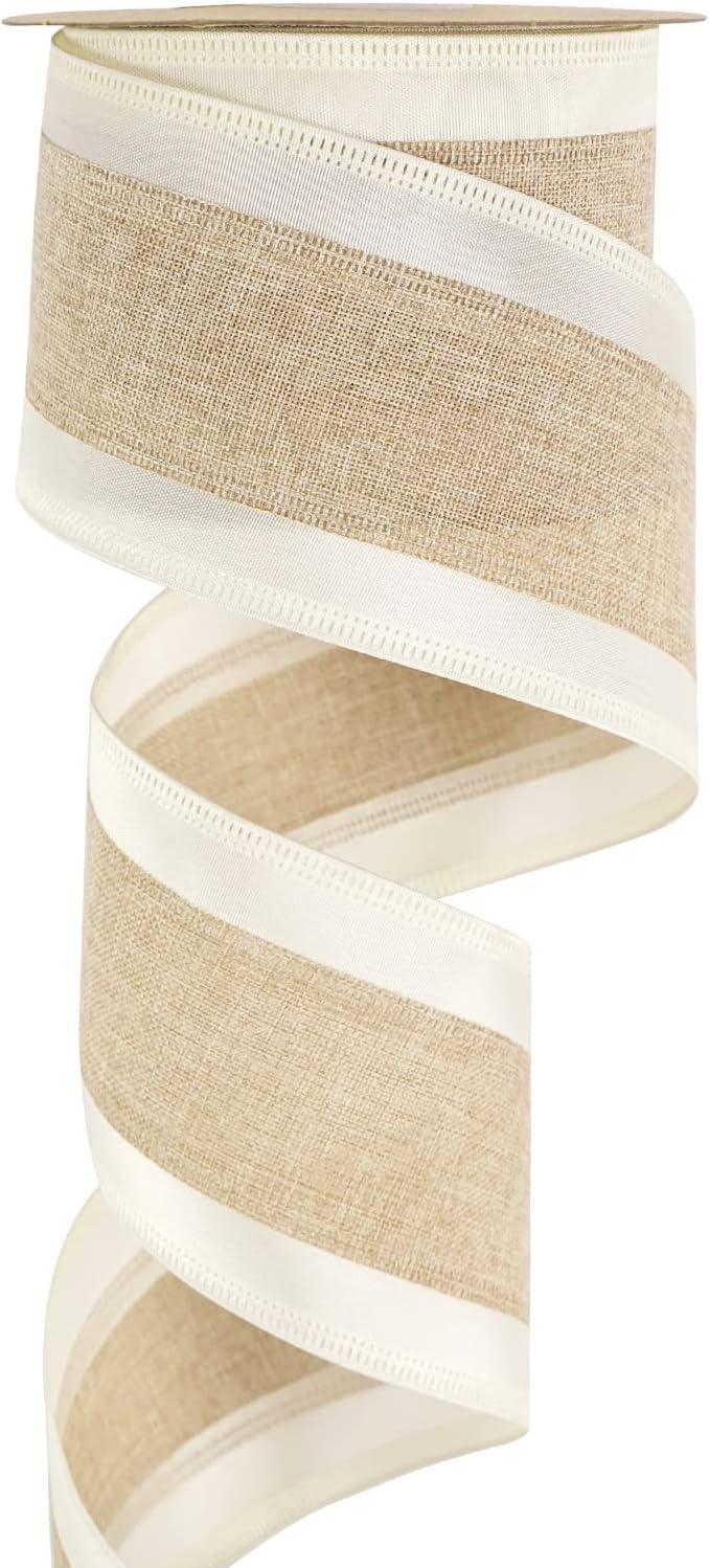 MEEDEE Burlap Wired Ribbon with Satin Edge - White Stripe, 2.5 Inch, 10 Yards for Wreath, Garland, Topper, Bow Making, Fall, Christmas, Wedding Decorations