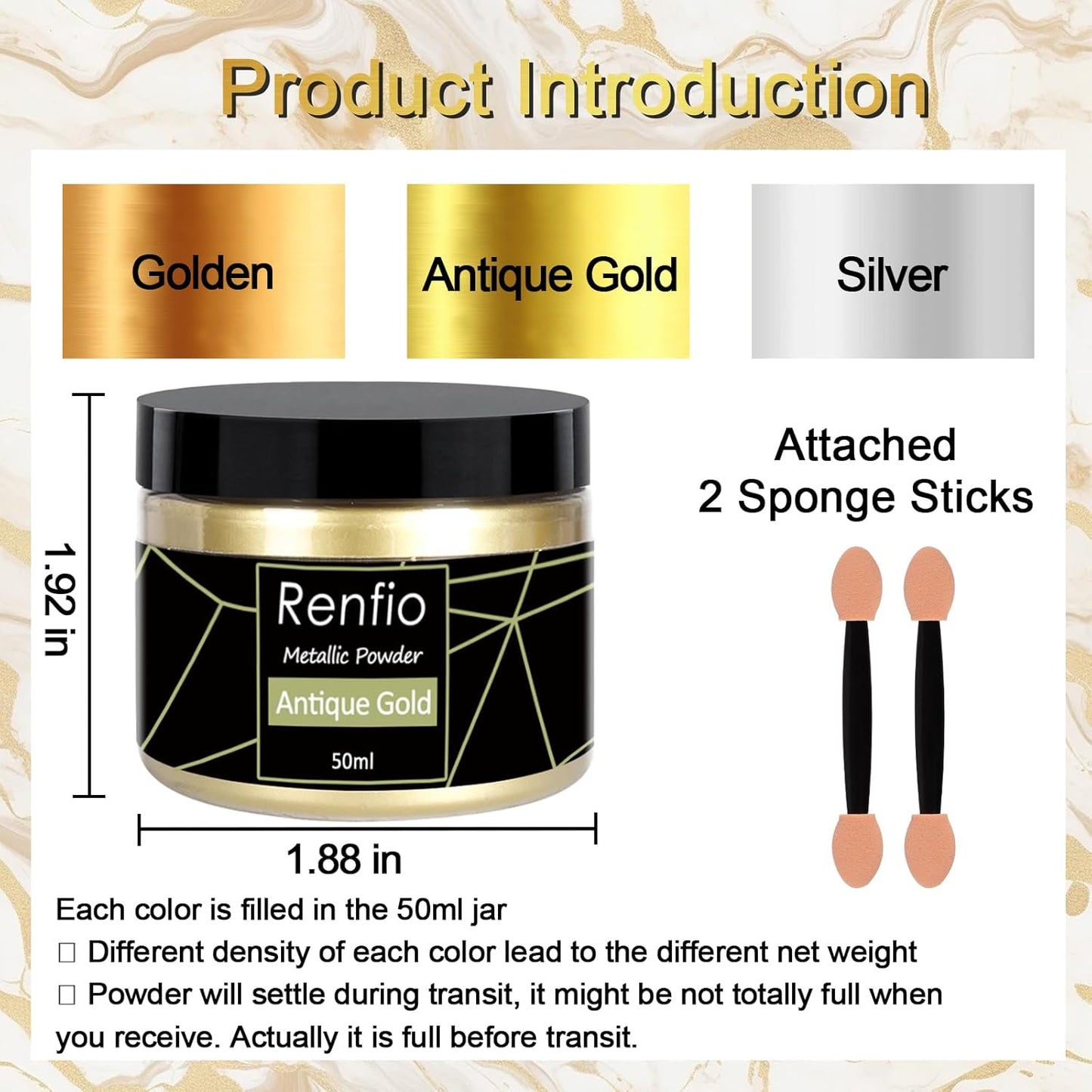 Renfio Metallic Pigment Powder,Gold Mica Powder for Resin,50ml Antique Gold Resin Color Pigment for Kintsugi,Polymer Clay,Crafts,Slime,Candle,Nail,Paint,Fabric,Festival,Decoration