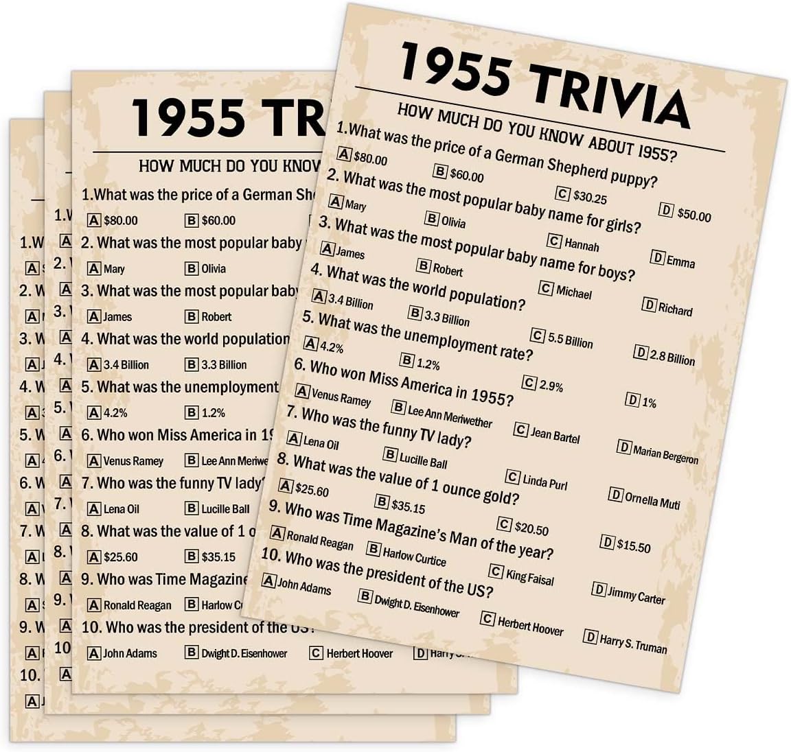 QUPT 70th Birthday Party Games, 1955 Trivia Games, Birthday Party Supplies for Adults, Fun 1955s Party Game, Pack of 30 Cards