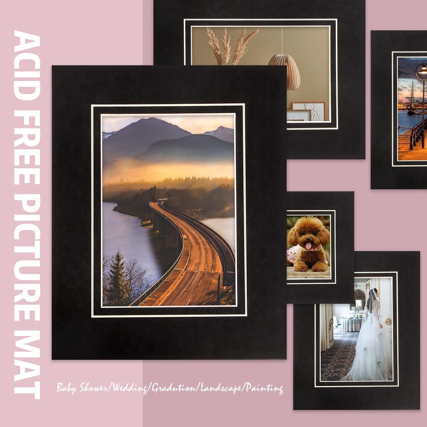 HOTUO 10 Pack Acid Free Black Picture Frame Mats, Pre-Cut 8x10 Picture Mats with Ivory Core Bevel Cut for 5x7 Photo, Signature Friendly 4 Ply Thickness Photo Mat for Frames (Black with V-Groove)