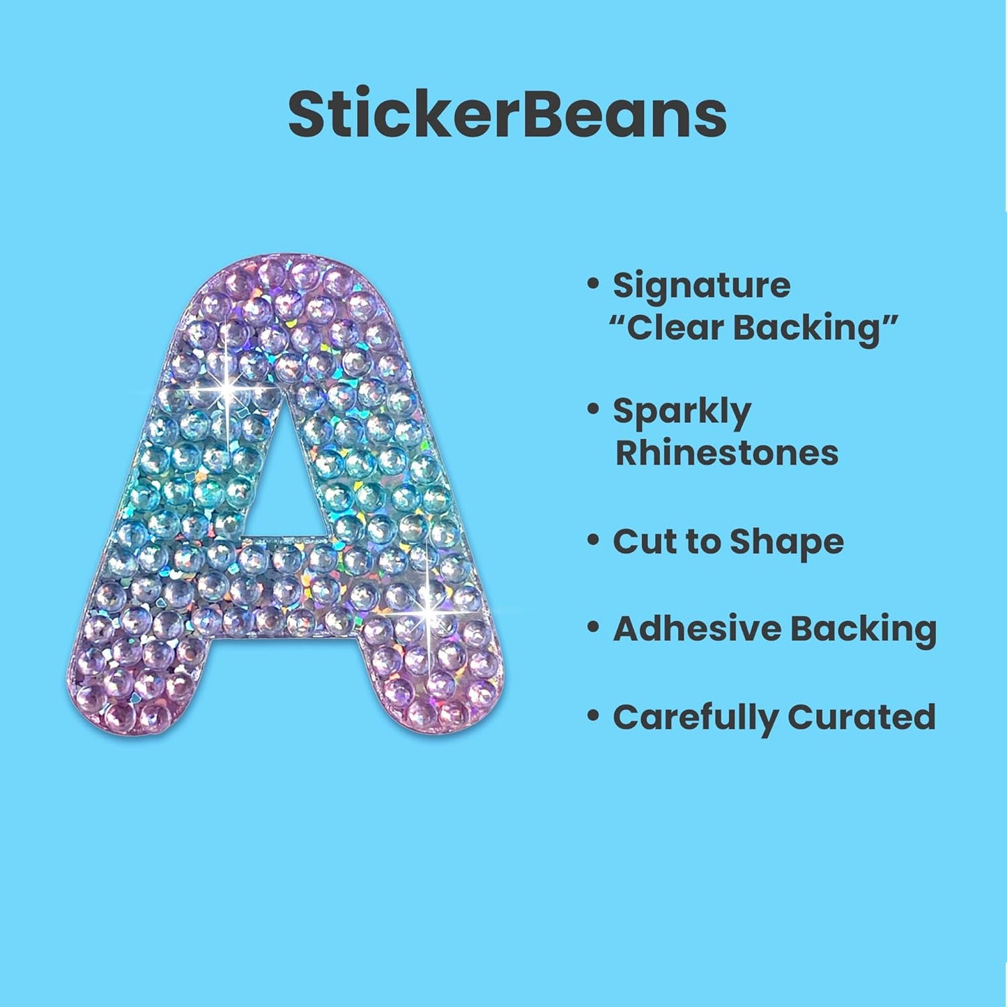 StickerBeans® Rhinestone Alphabet Letter Sticker A - Unique Sparkly Design 2” x 2” Cut-to-Shape Adhesive - Personalization, Collecting, Gifting, Scrapbooking, Decorating Laptops, Phone Cases, All Ages