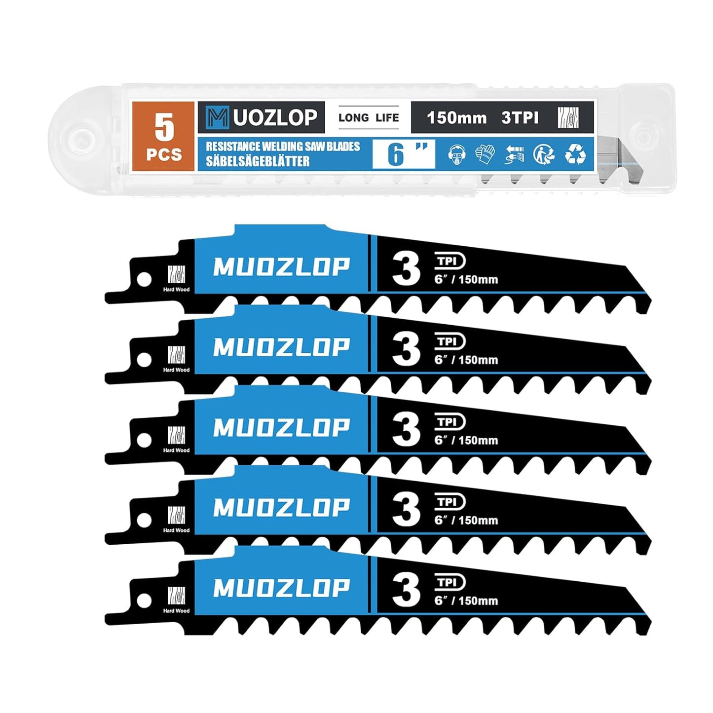 5 Pack 6 inch Reciprocating Saw Blades Set，3 TPI High Carbon Saw Blades for Wood Cutting，Saw Blades with Organizer Case (5, 3T/6inch)