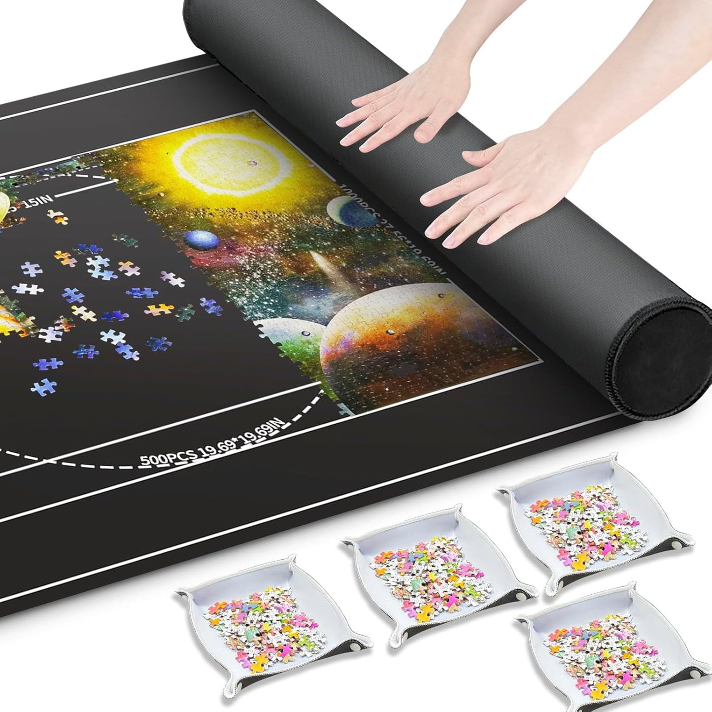 Nattork Jigsaw Puzzle Mat Roll Up，Portable Saver Pad Up to 2000 Pieces，with Non-Slip Rubber Bottom，4 Puzzle Sorting Trays & 1 Storage Bag