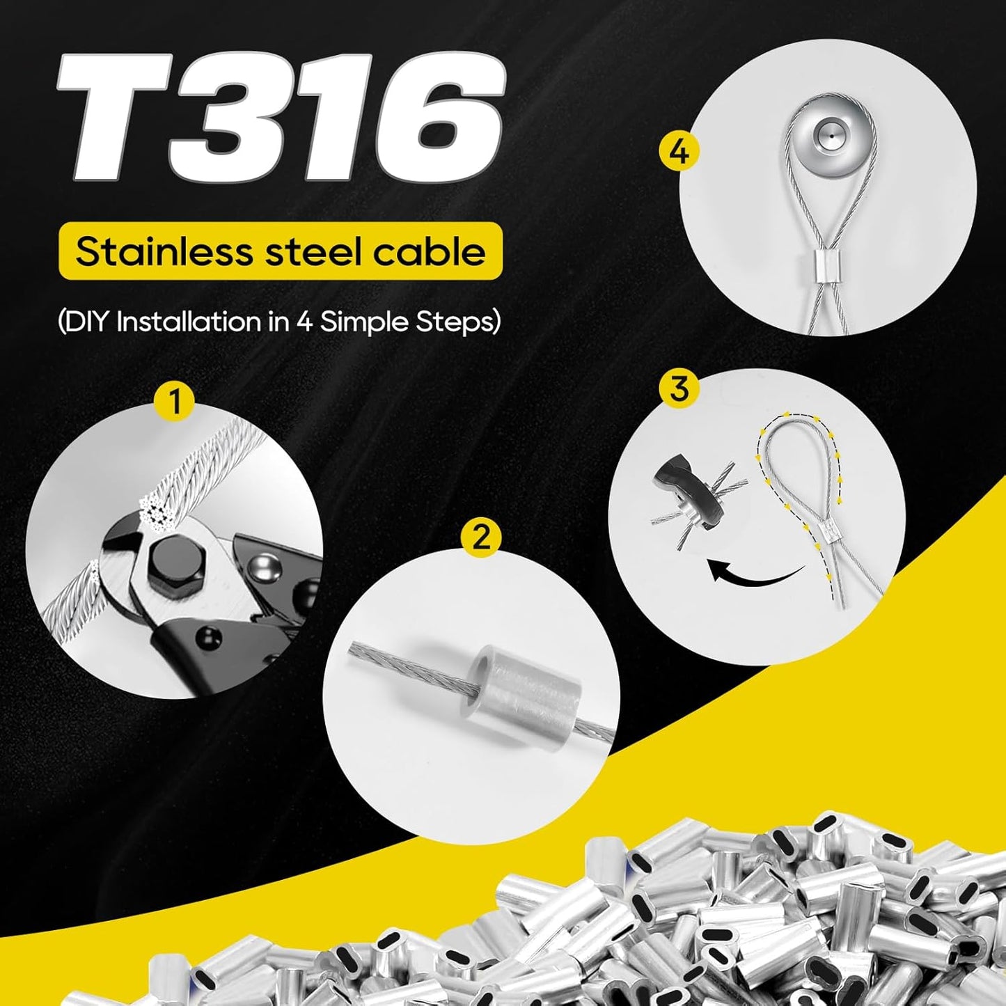 316 Stainless Steel Cable, 200FT 1/32IN Wire Rope 7 * 7 Strand with 50Pcs Aluminum Sleeves Stops, Guide Wire for Outdoor String Lights for String Lights Hanging, Clotheslines, Trellis (200FT)