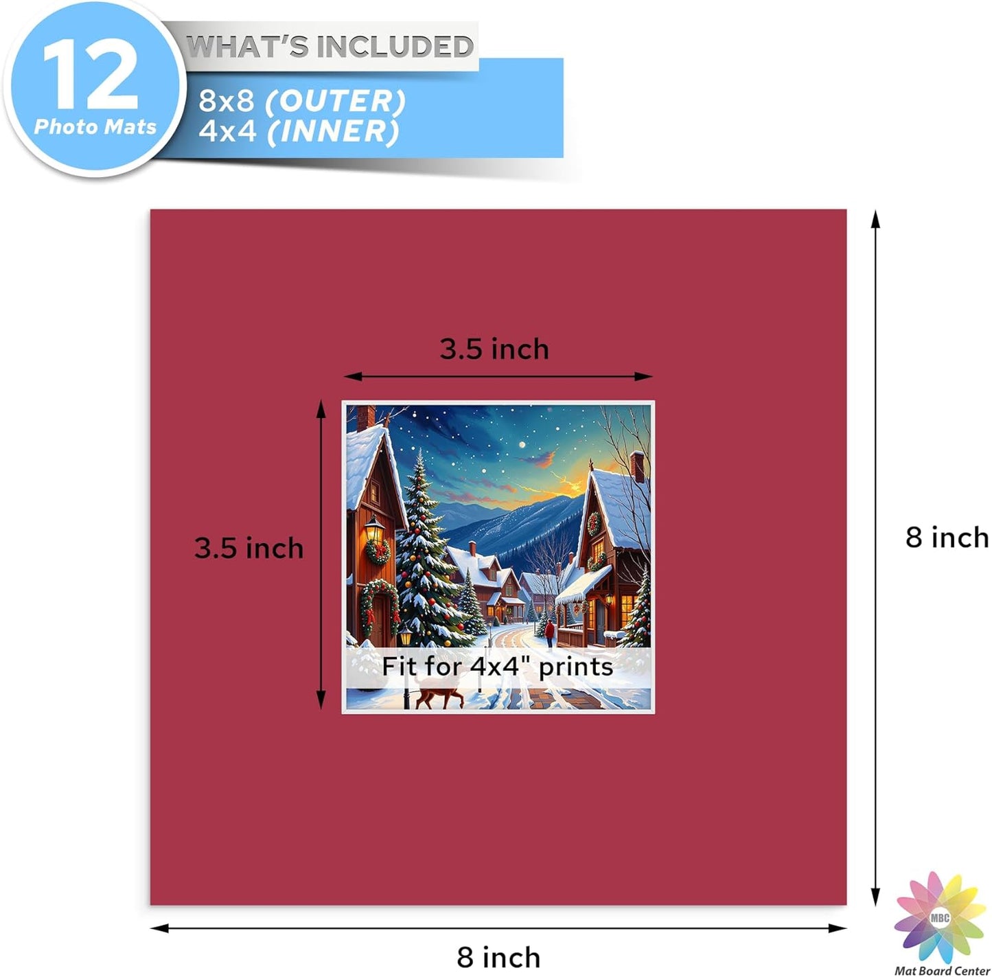 Mat Board Center, 8X8 Mix Color Mats for 4X4 Pictures - Acid Free, 4-Ply Thickness, White Core, Bevel Cut - for Artworks, Photos, Framing - Pack of 12
