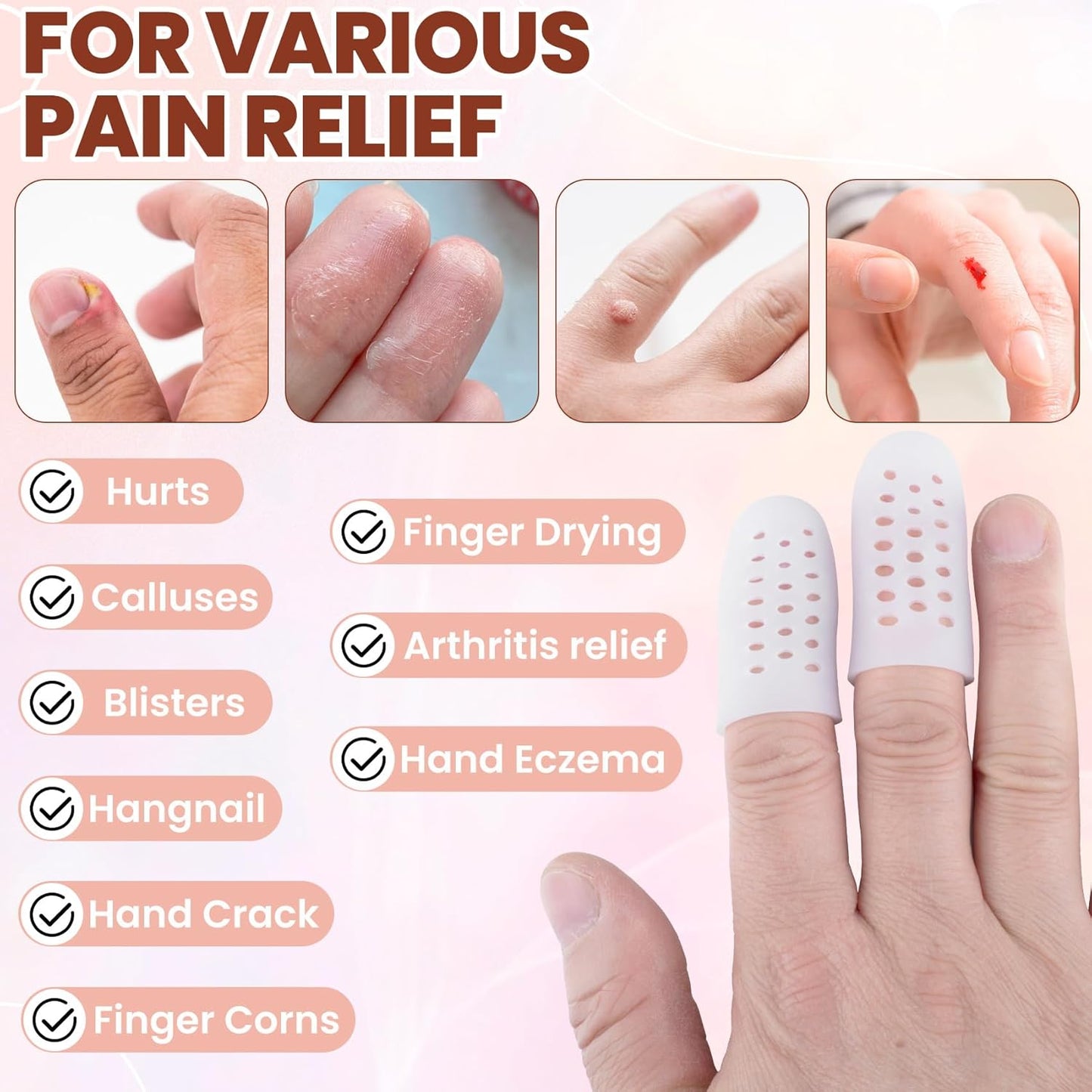 PAGOW 10pcs Gel Finger Cots/Covers, Silicone Finger Protector Support, Finger Caps Finger Sleeves Thumb Protector for Finger Cracking Trigger Finger Arthritis Pain Relief (White, Small)