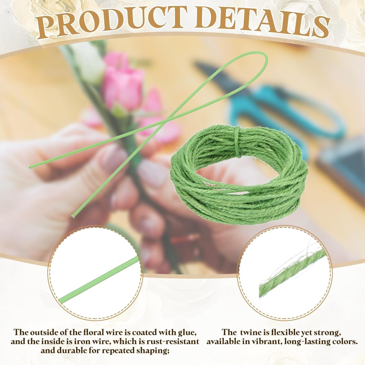 uxcell 100Pcs 2 Gauge Floral Wire, 11.81" Length Flower Stem Wires with 0.08" x 32.8ft Twine for Wreath Making, Flower Arrangement, Light Green
