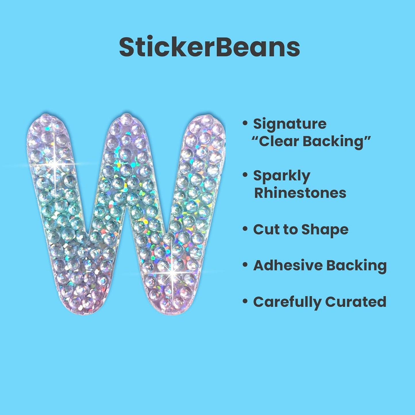 StickerBeans® Rhinestone Alphabet Letter Sticker W - Unique Sparkly Design 2” x 2” Cut-to-Shape Adhesive - Personalization, Collecting, Gifting, Scrapbooking, Decorating Laptops, Phone Cases, All Ages