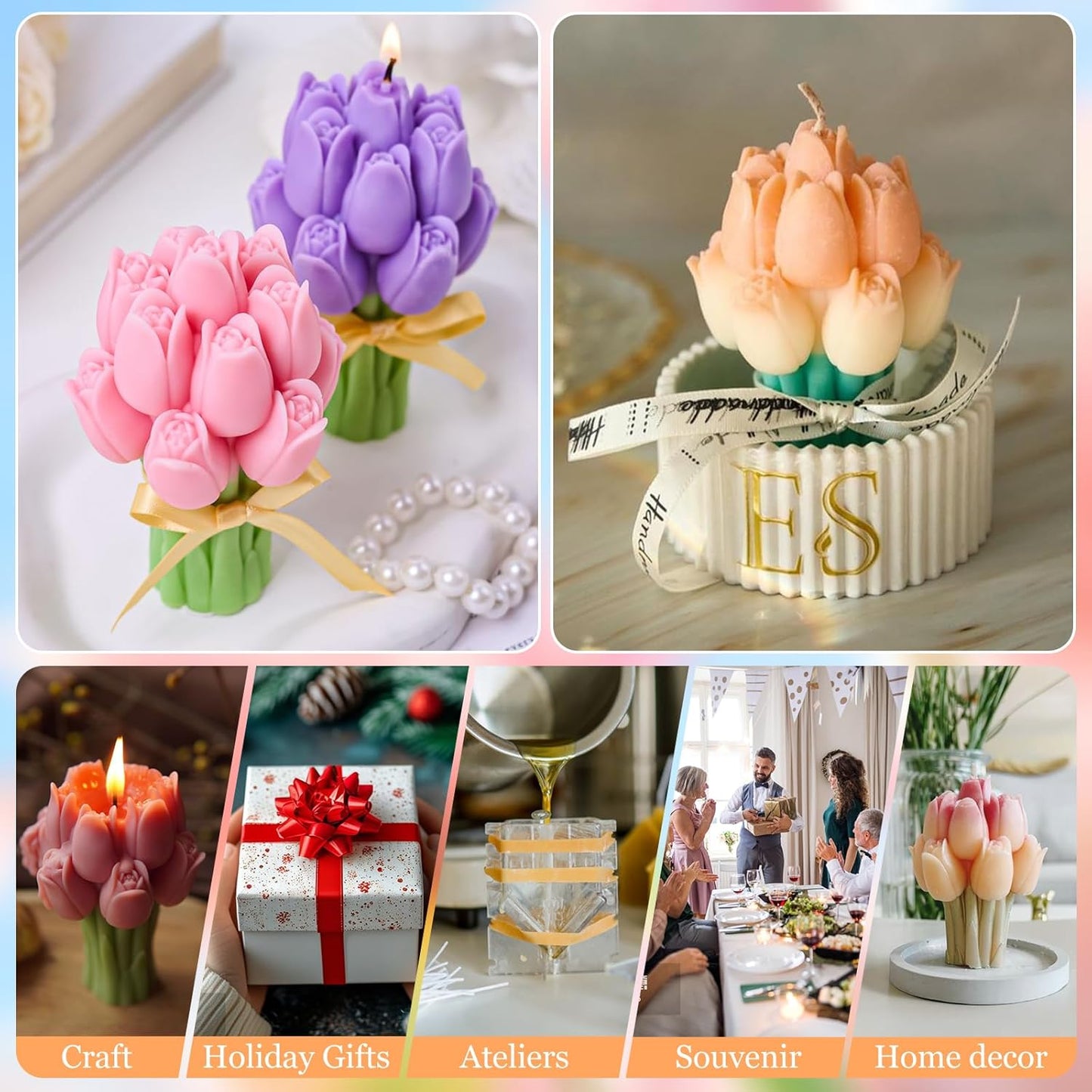 JDH Flower Silicone Mold,Tulip Bouquet Silicone Candle Molds,3D Flower Resin Candle Molds for DIY Handmade Supplies,Flowers Ornament Mold for Soap Wax Concrete Epoxy Resin Cake Decoration