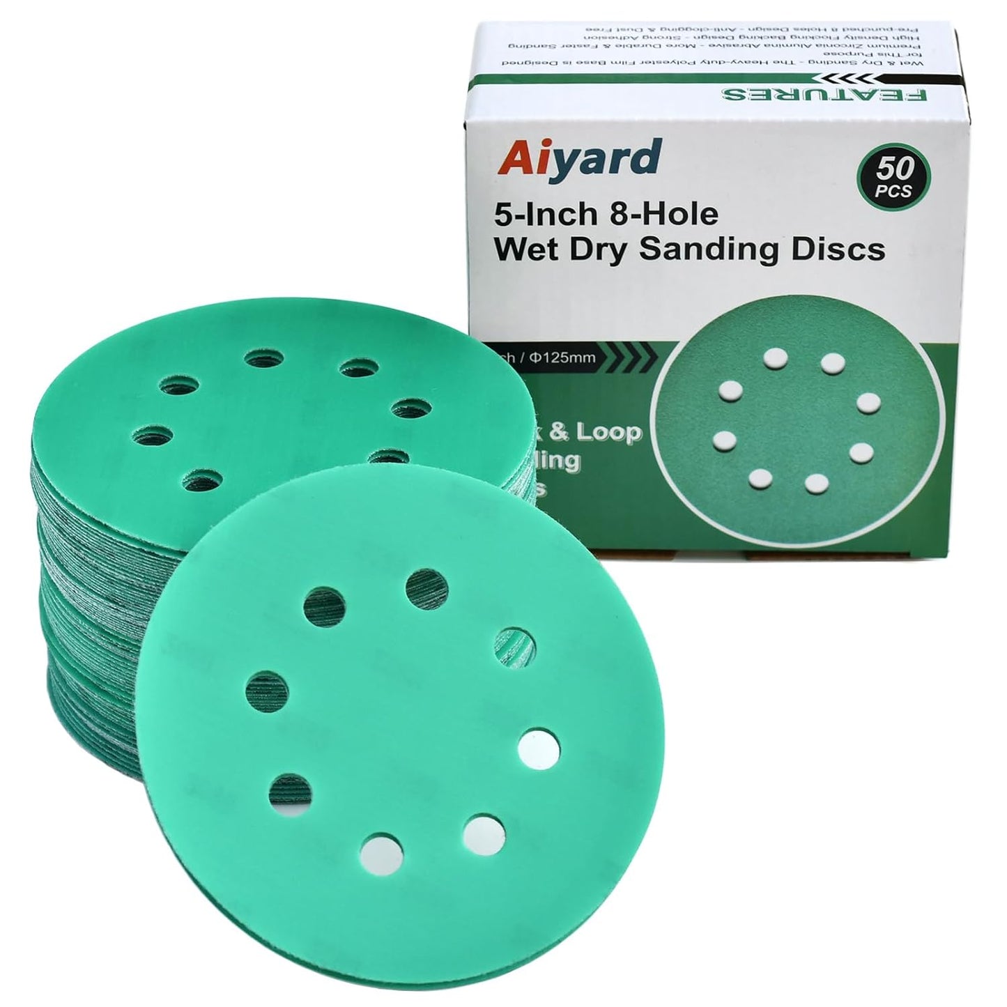 5-Inch 8-Hole Wet Dry Sanding Discs 2000 Grit, Polyester Film Backed Heavy-Duty Hook and Loop Sandpaper for Random Orbital Sander, 50-Pack
