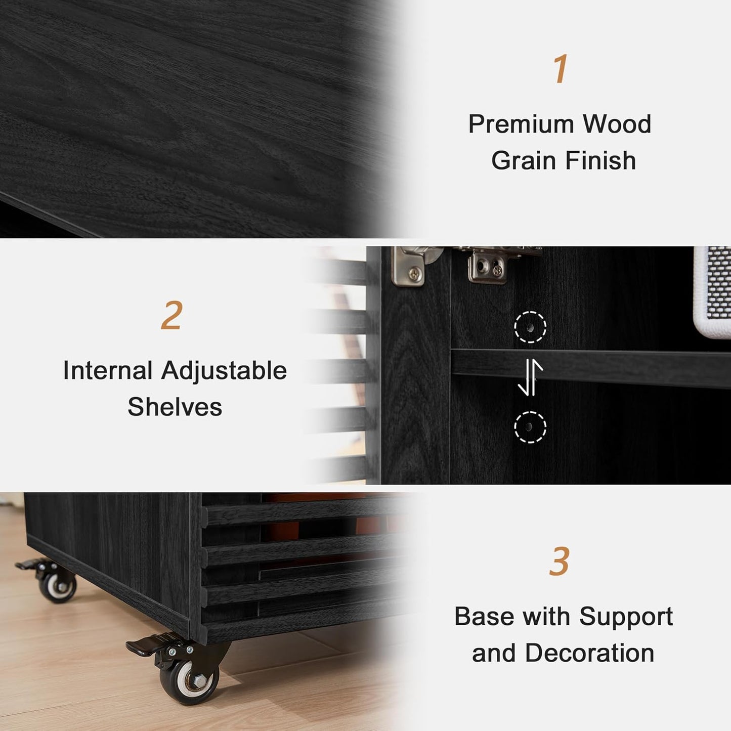 LEVNARY 5-Tier AV Media Cabinet with Grille Door & Adjustable Shelves, Modern Wooden Stereo Rack with Cable Management & Wheels, Audio Video Stand for Living Gaming Room Recording Studio (Black)
