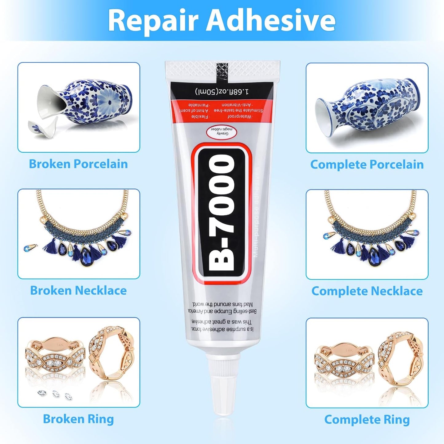B-7000 Super Adhesive Glue, Industrial Strength B7000 Glues Paste for Rhinestones Crafts, Clothes Shoes, Fabric, Jewelry Making, Cell Phones, Tablet, Wood, Rubber, Leather (2x50 ml/1.68 oz)