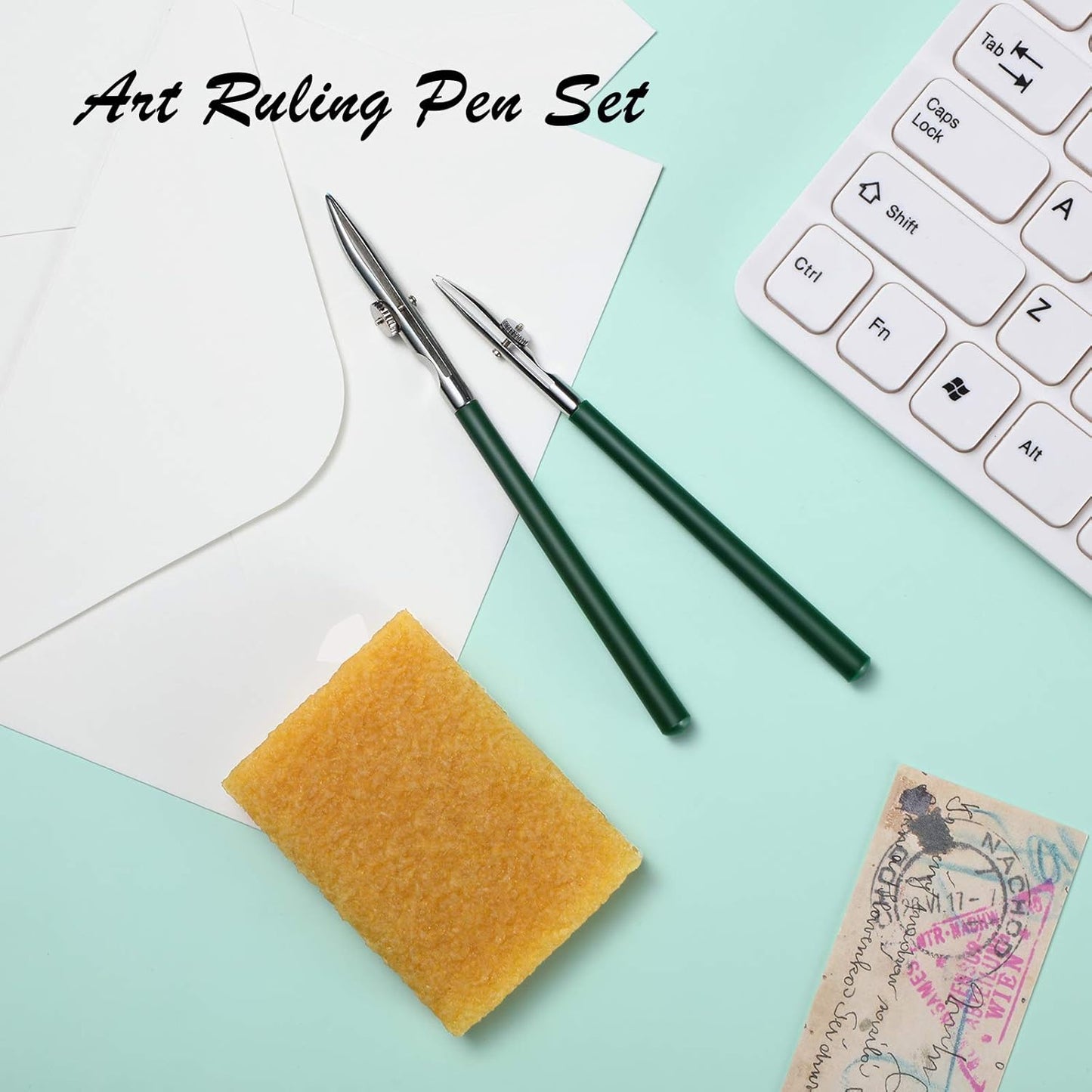 Zonon 6 Pieces Art Ruling Pen 3 Sizes Masking Fluid Pen and 50 x 35 x 5 mm Glue Residue Eraser, Ruling Ink Set for Watercolor Drawing Mounting Art Artists Supplies, No ink(Green)