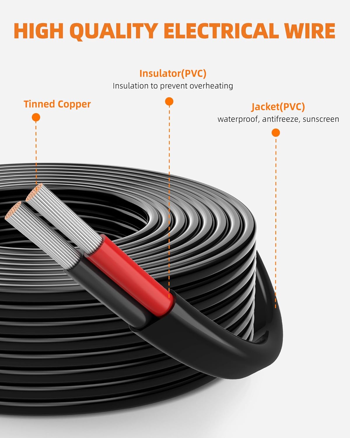12 Gauge Wire, 12 AWG 2 Conductor Electrical Wire, Flexible/Oxygen-Free Tinned Copper/Stranded PVC 12/2 Cord for Automotive, Marine, LED Strips, Solar, RV, Lighting (30FT)