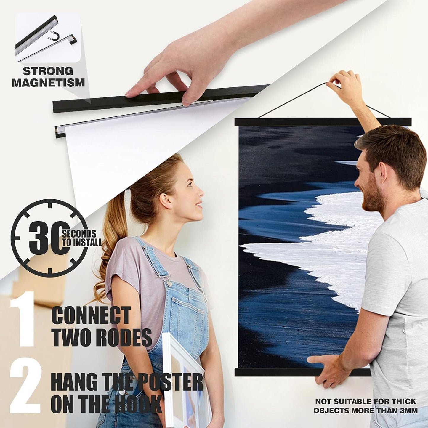 Ywlake Magnetic Poster Hanger, 33x24 33x23 33x50 Poster Frame Wood Wooden Magnet Print Posters Dowel Scroll Hanger Hangers Hanging Kit for Walls Map Canvas Artwork (Black, 33")